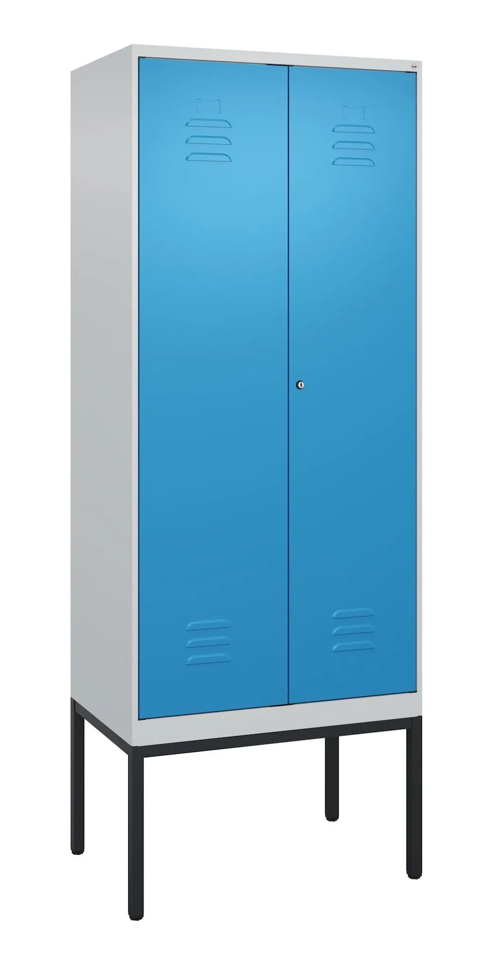 C+P Doppel-Spind Classic PLUS mit Gestell | 2 Abteile | HxBxT 212x80x50cm | Zylinderschloss | Stahl | Lichtgrau/Lichtblau