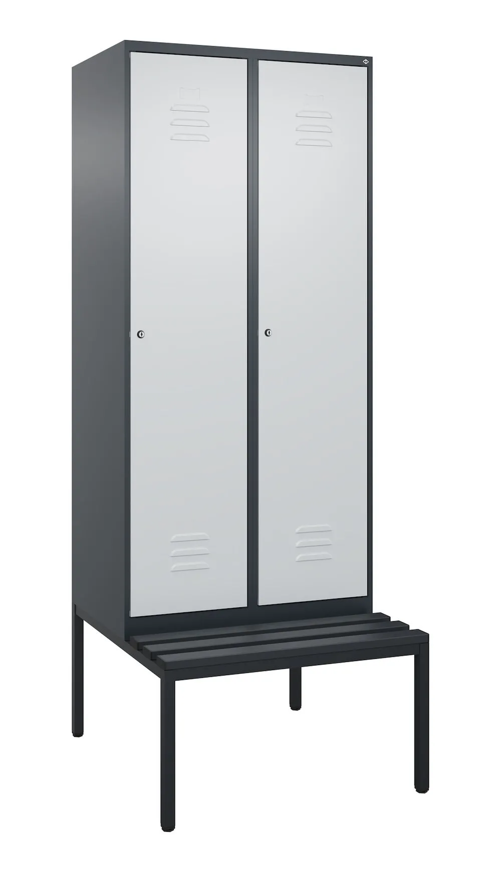 C+P Spind Classic PLUS mit untergebauter Sitzbank aus Kunststoff | 2 Abteile mit Mitteltrennwand  | HxBxT 212x80x81,5cm | Zylinderschloss | Stahl | Anthrazitgrau/Lichtgrau