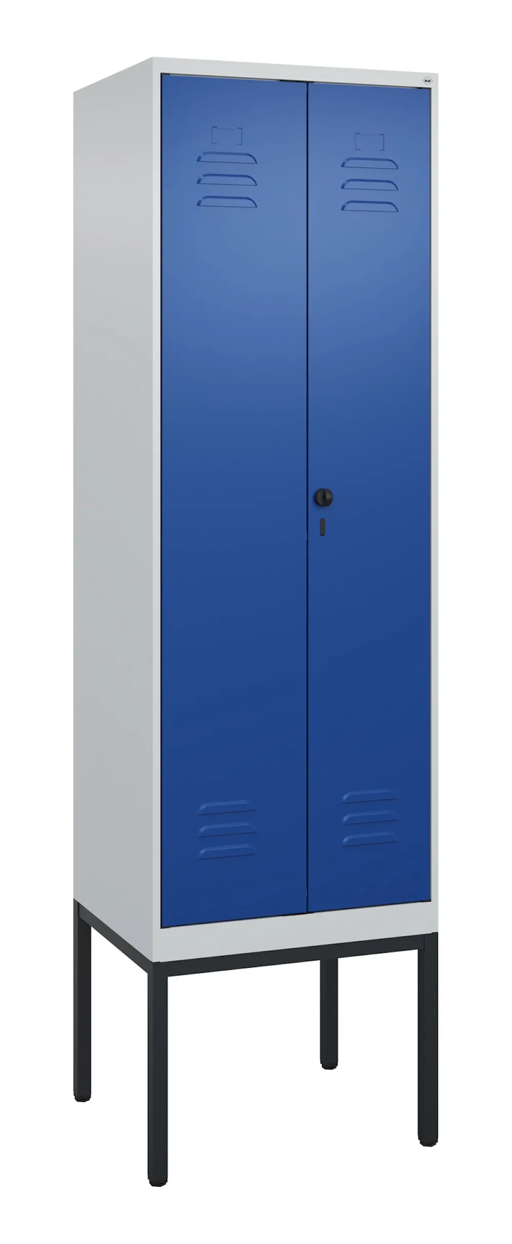C+P Doppel-Spind Classic PLUS mit Gestell | 2 Abteile | HxBxT 212x60x50cm | Sicherheits-Drehriegel | Stahl | Lichtgrau/Enzianblau