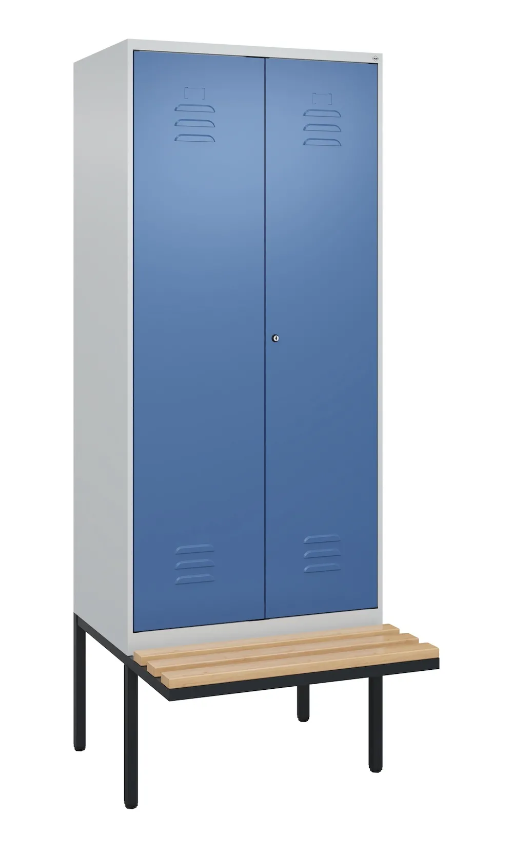 C+P Doppel-Spind Classic PLUS mit schwebender Sitzbank aus Buche-Hartholz | 2 Abteile | HxBxT 212x80x81,5cm | Zylinderschloss | Stahl | Lichtgrau/Fernblau