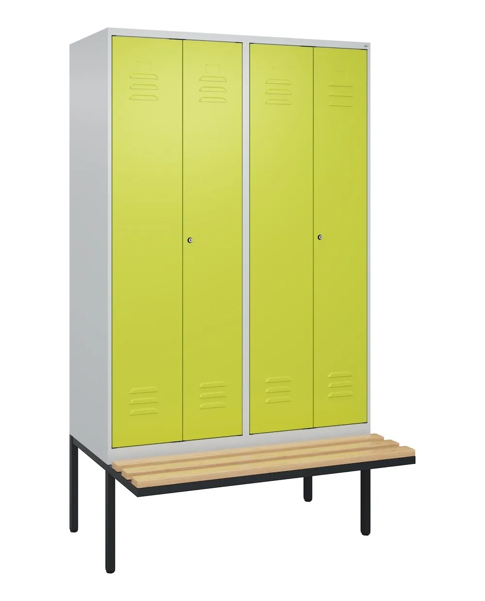 C+P Doppel-Spind Classic PLUS mit schwebender Sitzbank aus Buche-Hartholz | 4 Abteile | HxBxT 212x120x81,5cm | Zylinderschloss | Stahl | Lichtgrau/Clowngrün