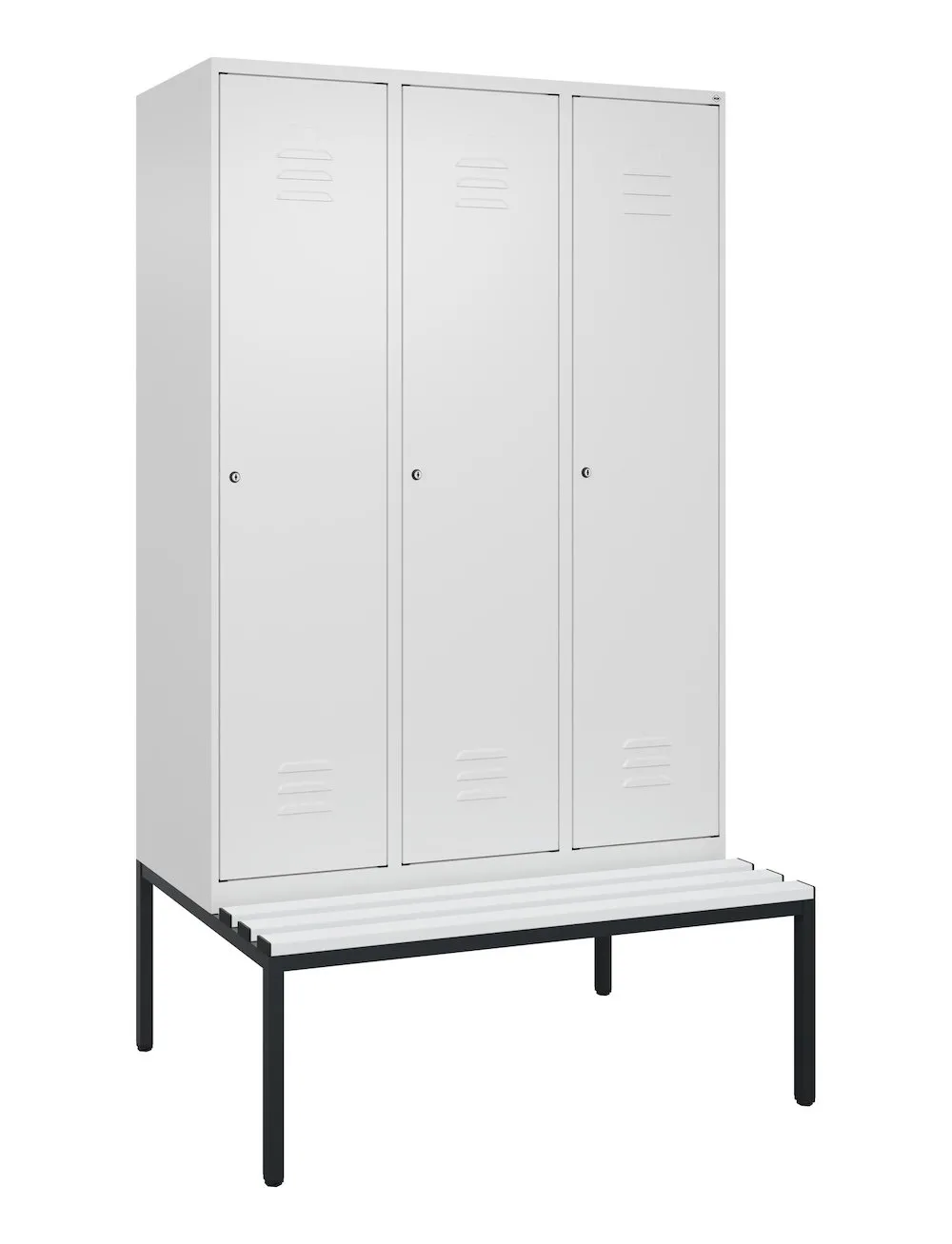 C+P Spind Classic PLUS mit untergebauter Sitzbank aus Kunststoff | 3 Abteile | HxBxT 212x120x81,5cm | Zylinderschloss | Stahl | Verkehrsweiß/Verkehrsweiß