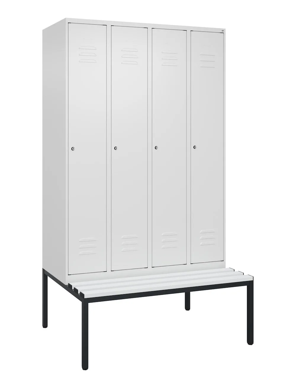 C+P Spind Classic PLUS mit untergebauter Sitzbank aus Kunststoff | 4 Abteile mit Mitteltrennwand  | HxBxT 212x120x81,5cm | Zylinderschloss | Stahl | Verkehrsweiß/Verkehrsweiß