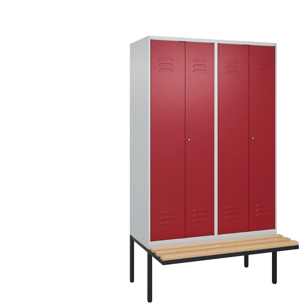 C+P Doppel-Spind Classic PLUS mit schwebender Sitzbank aus Buche-Hartholz | 4 Abteile mit Trennwand im oberen Fach | HxBxT 212x120x81,5cm | Zylinderschloss | Stahl | Lichtgrau/Rubinrot