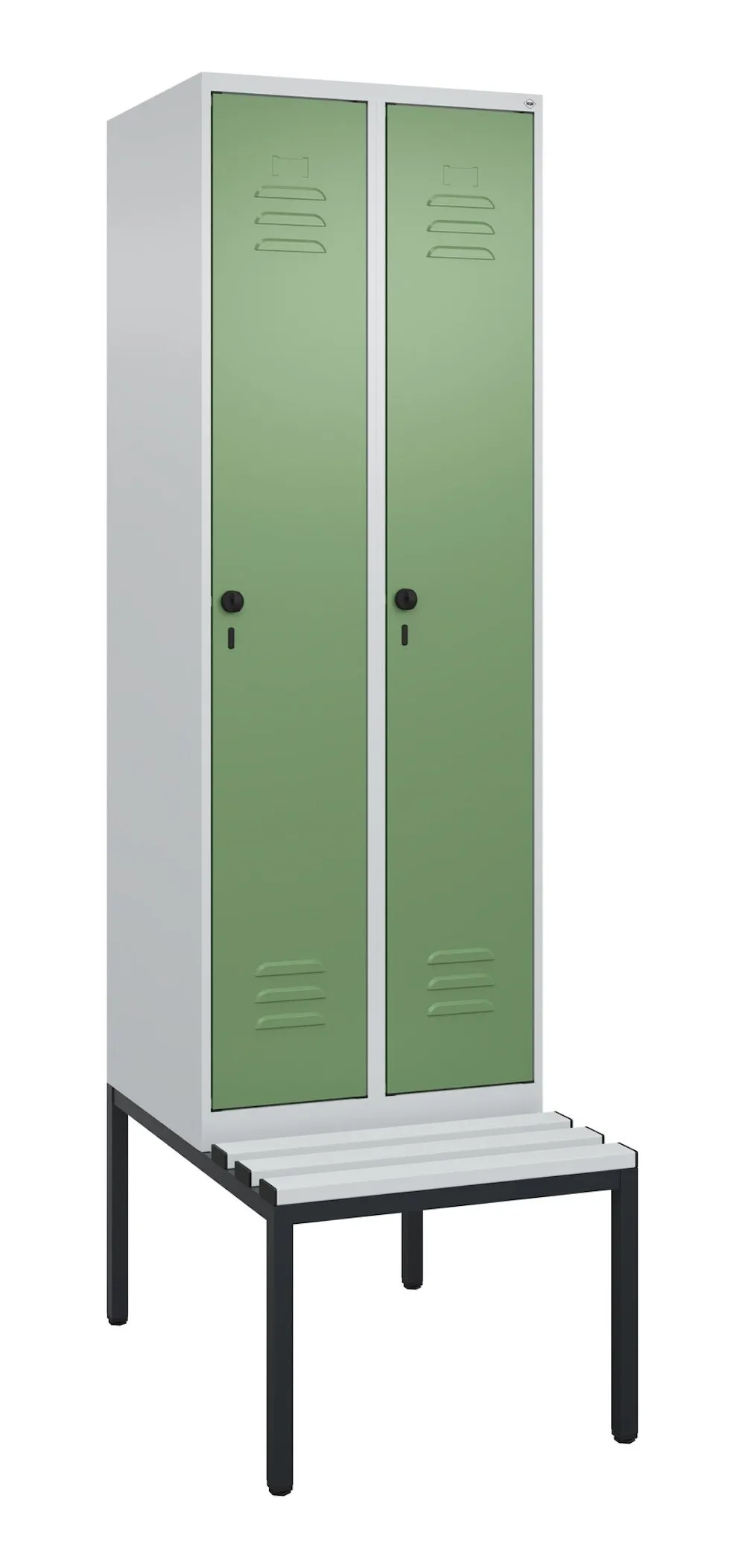 C+P Spind Classic PLUS mit untergebauter Sitzbank aus Kunststoff | 2 Abteile mit Mitteltrennwand  | HxBxT 212x60x81,5cm | Sicherheits-Drehriegel | Stahl | Lichtgrau/Resedagrün