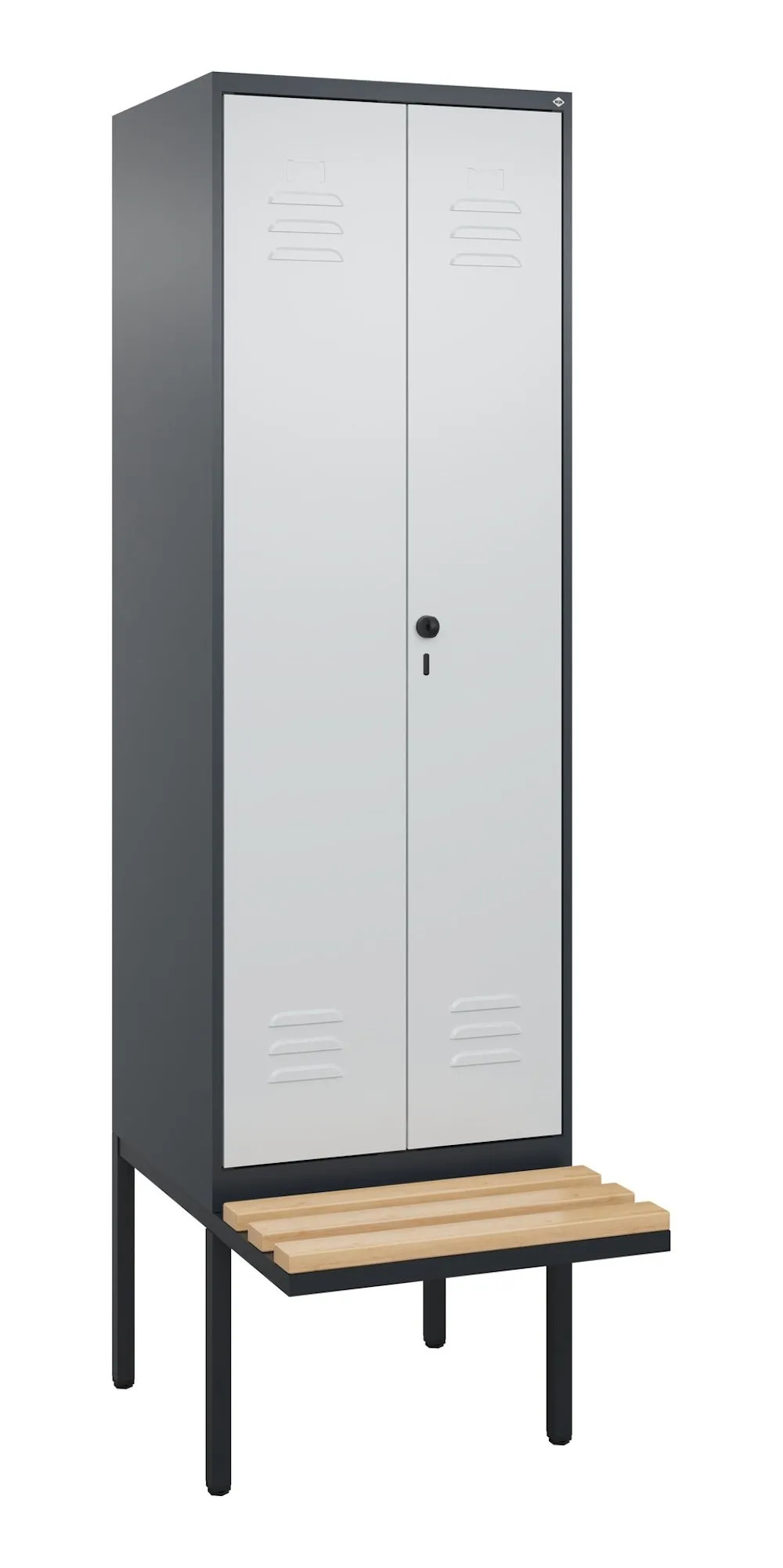 C+P Doppel-Spind Classic PLUS mit schwebender Sitzbank aus Buche-Hartholz | 2 Abteile mit Trennwand im oberen Fach | HxBxT 212x60x81,5cm | Sicherheits-Drehriegel | Stahl | Anthrazitgrau/Lichtgrau