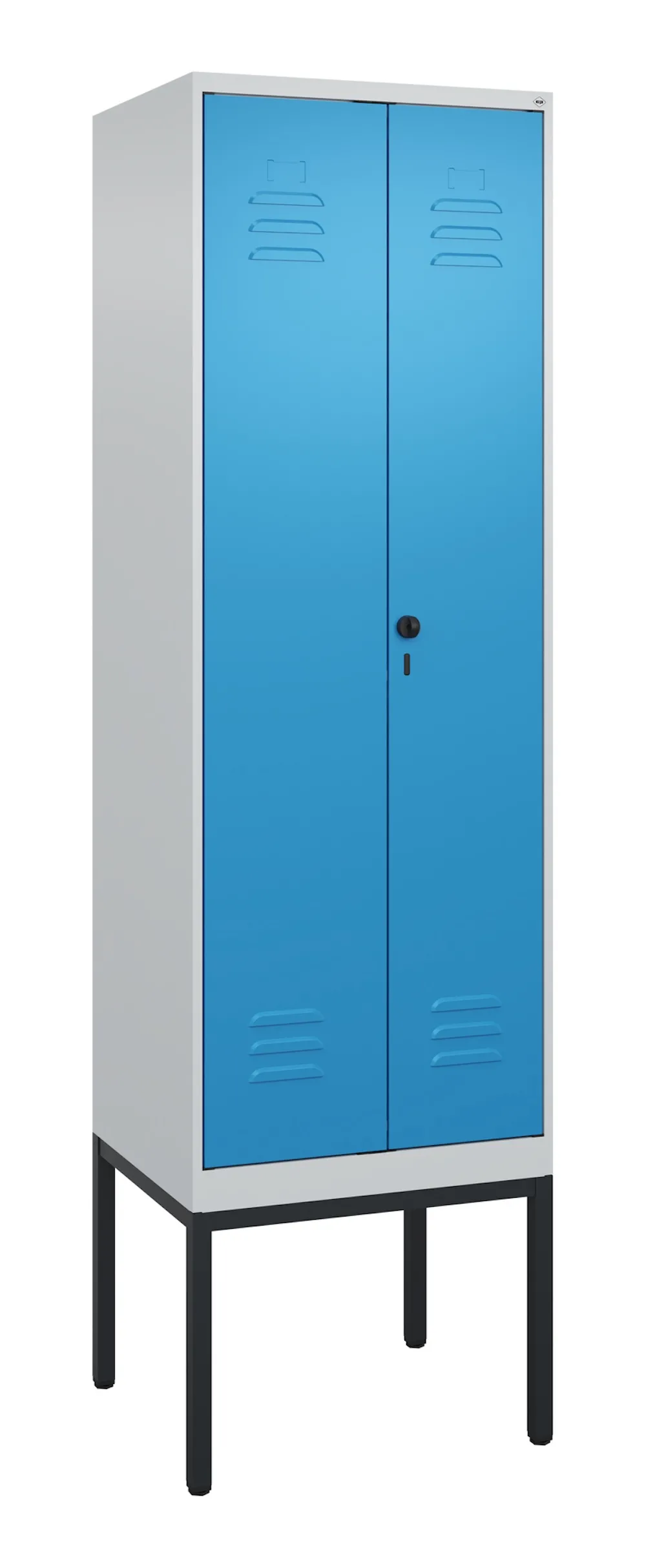 C+P Doppel-Spind Classic PLUS mit Gestell | 2 Abteile | HxBxT 212x60x50cm | Sicherheits-Drehriegel | Stahl | Lichtgrau/Lichtblau