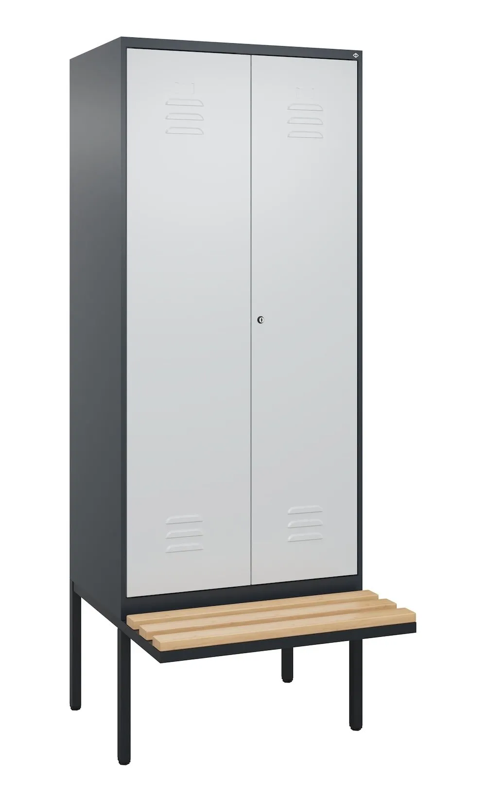 C+P Doppel-Spind Classic PLUS mit schwebender Sitzbank aus Buche-Hartholz | 2 Abteile mit Trennwand im oberen Fach | HxBxT 212x80x81,5cm | Zylinderschloss | Stahl | Anthrazitgrau/Lichtgrau