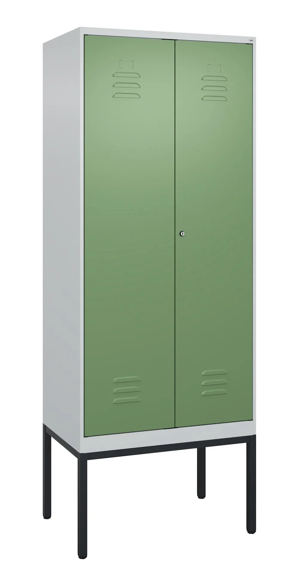 C+P Doppel-Spind Classic PLUS mit Gestell | 2 Abteile mit Trennwand im oberen Fach | HxBxT 212x80x50cm | Zylinderschloss | Stahl | Lichtgrau/Resedagrün