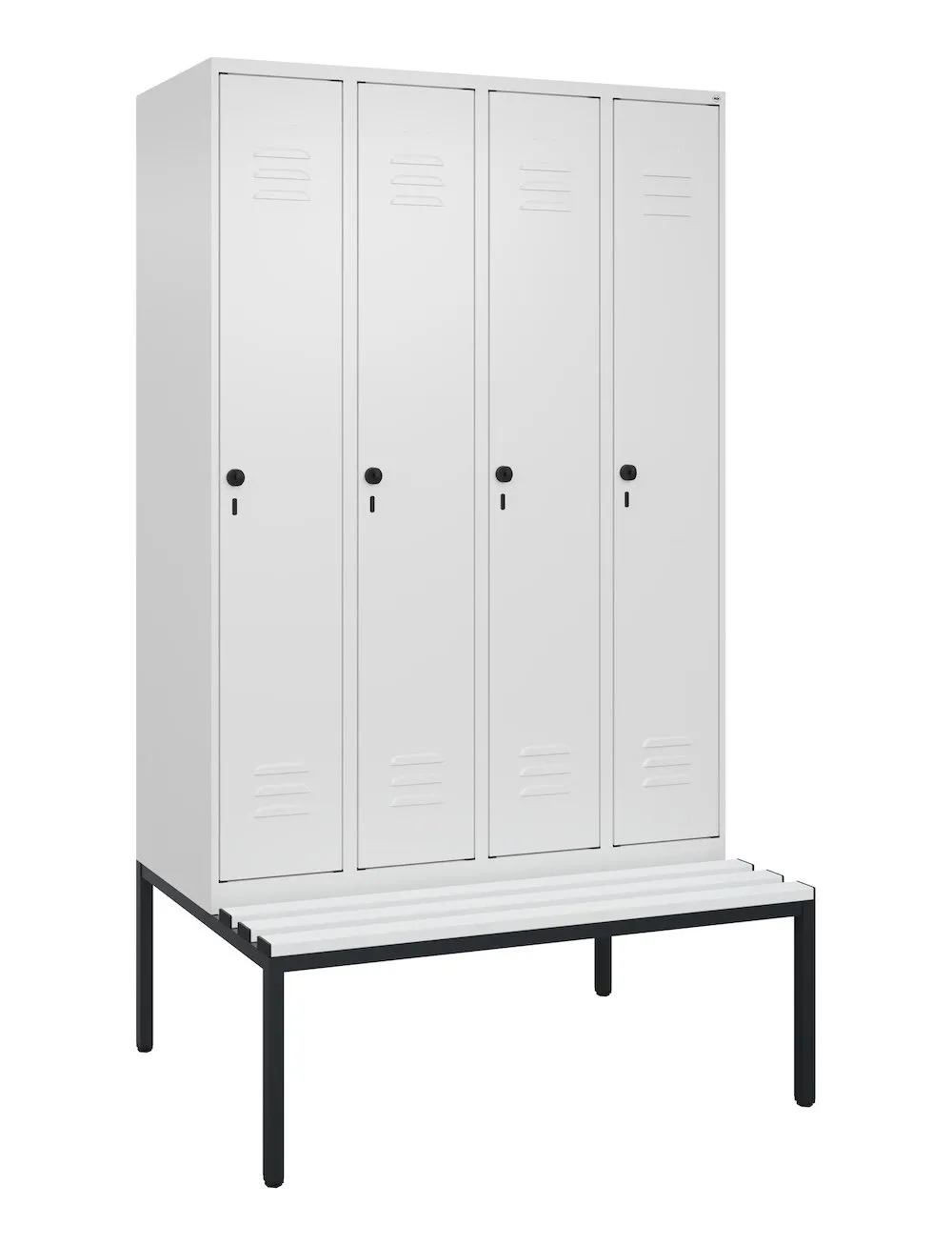 C+P Spind Classic PLUS mit untergebauter Sitzbank aus Kunststoff | 4 Abteile | HxBxT 212x120x81,5cm | Sicherheits-Drehriegel | Stahl | Verkehrsweiß/Verkehrsweiß