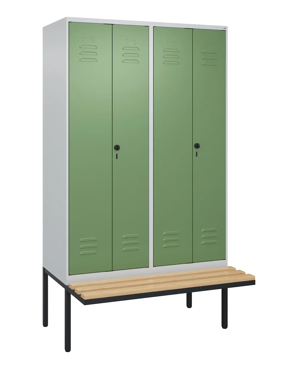 C+P Doppel-Spind Classic PLUS mit schwebender Sitzbank aus Buche-Hartholz | 4 Abteile mit Trennwand im oberen Fach | HxBxT 212x120x81,5cm | Sicherheits-Drehriegel | Stahl | Lichtgrau/Resedagrün