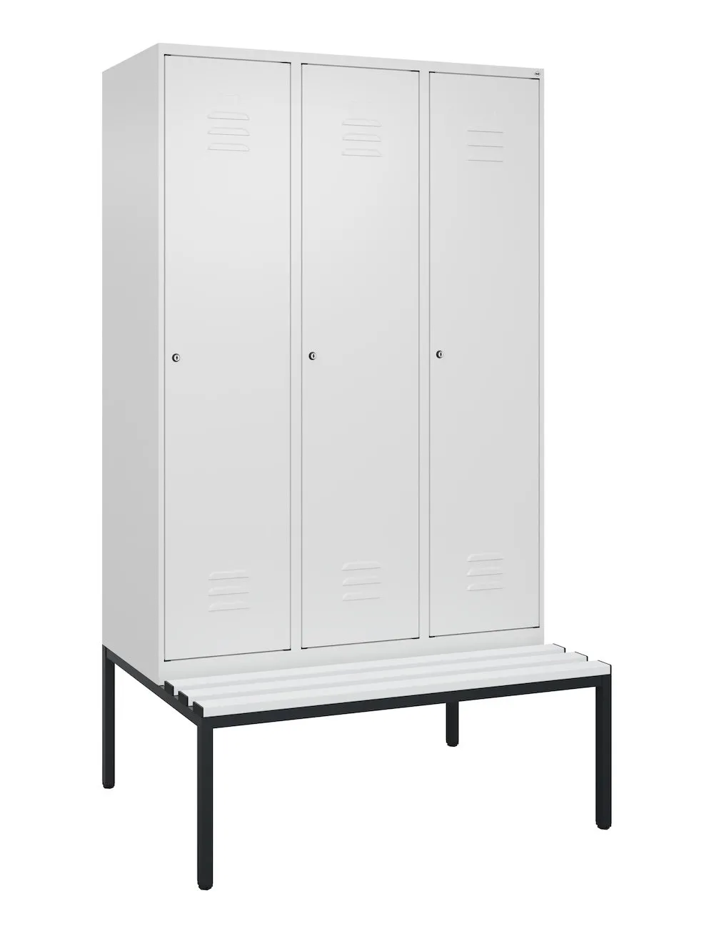 C+P Spind Classic PLUS mit untergebauter Sitzbank aus Kunststoff | 3 Abteile mit Mitteltrennwand  | HxBxT 212x120x81,5cm | Zylinderschloss | Stahl | Verkehrsweiß/Verkehrsweiß