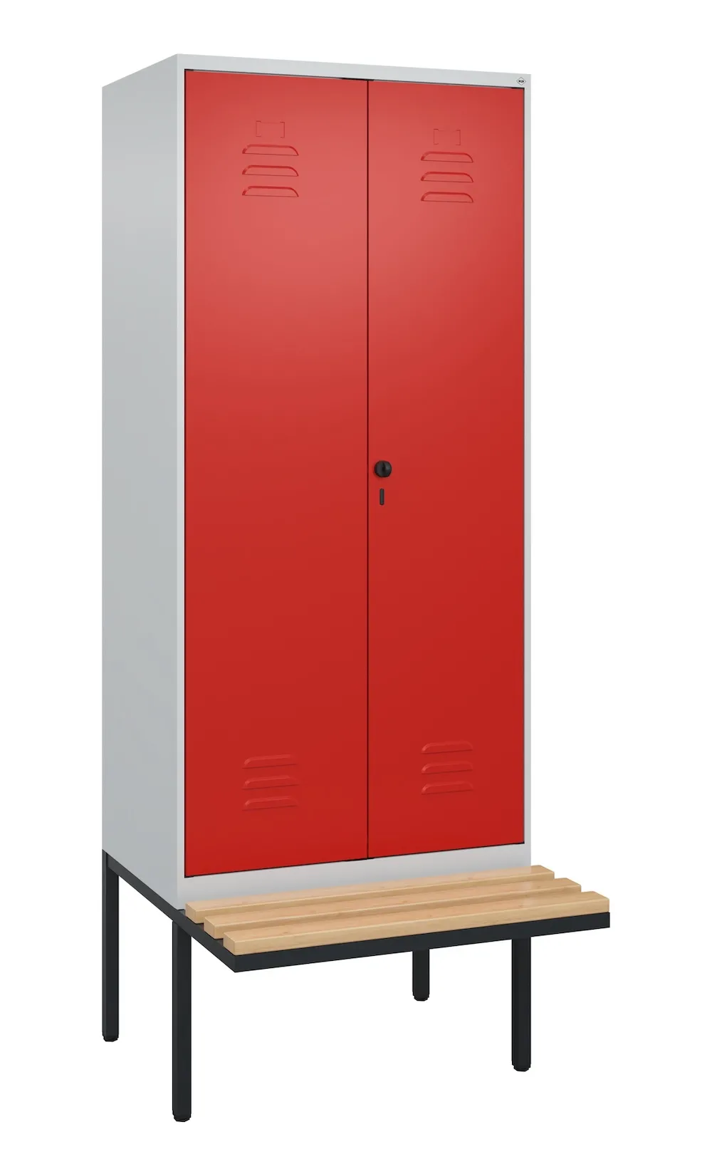 C+P Doppel-Spind Classic PLUS mit schwebender Sitzbank aus Buche-Hartholz | 2 Abteile mit Trennwand im oberen Fach | HxBxT 212x80x81,5cm | Sicherheits-Drehriegel | Stahl | Lichtgrau/Verkehrsrot