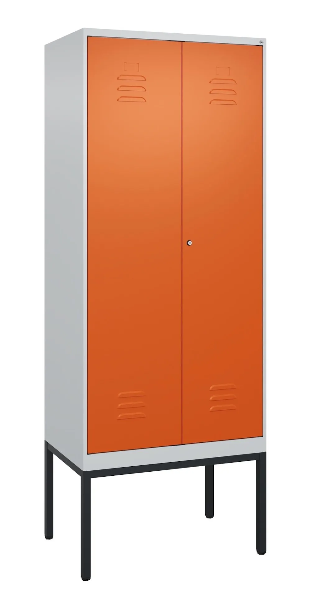 C+P Doppel-Spind Classic PLUS mit Gestell | 2 Abteile | HxBxT 212x80x50cm | Zylinderschloss | Stahl | Lichtgrau/Reinorange