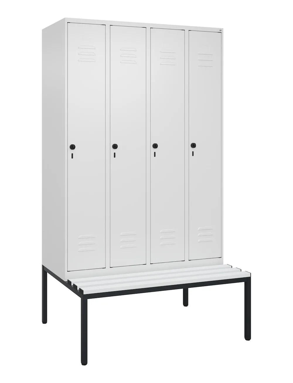 C+P Spind Classic PLUS mit untergebauter Sitzbank aus Kunststoff | 4 Abteile mit Mitteltrennwand  | HxBxT 212x120x81,5cm | Sicherheits-Drehriegel | Stahl | Verkehrsweiß/Verkehrsweiß