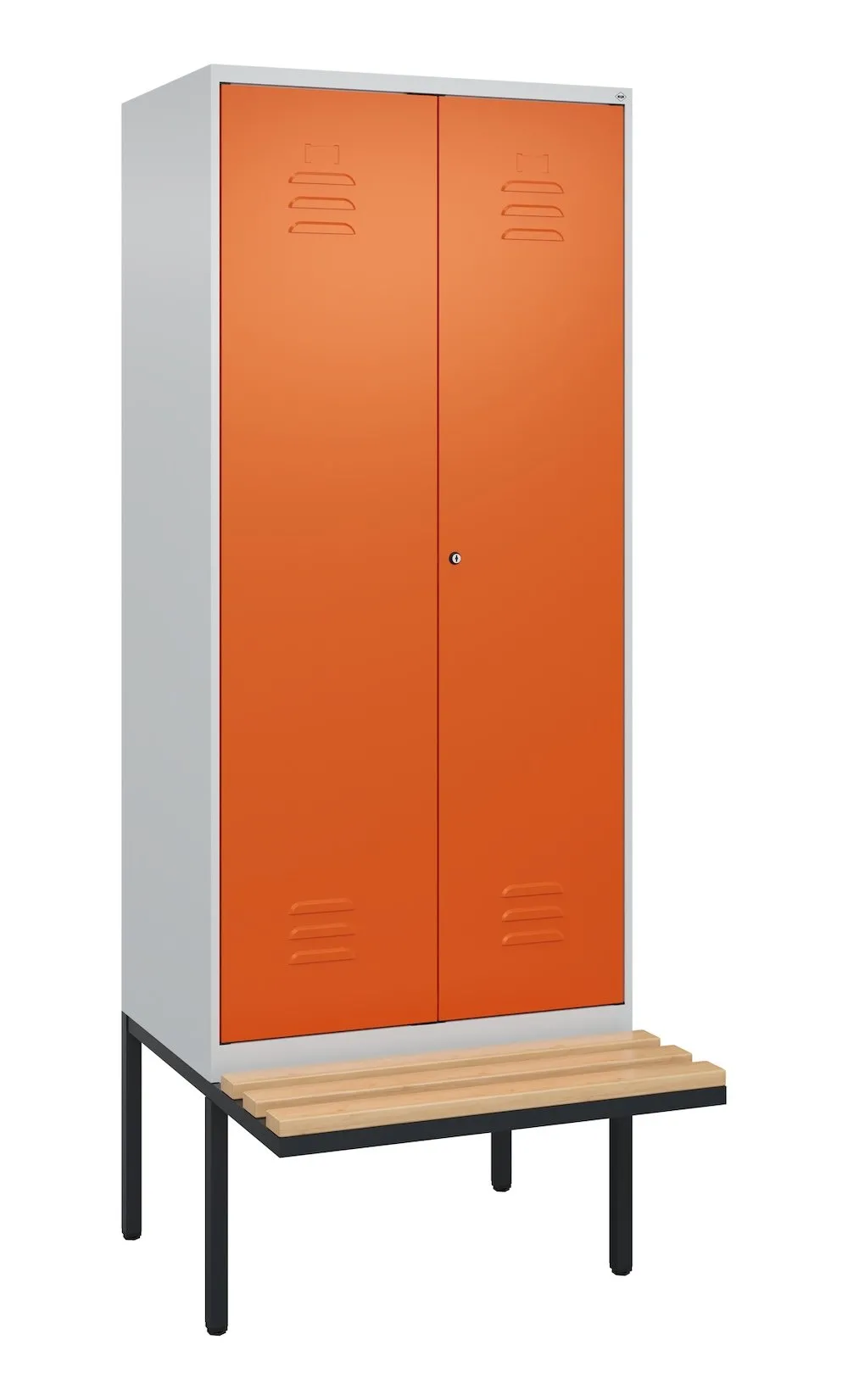 C+P Doppel-Spind Classic PLUS mit schwebender Sitzbank aus Buche-Hartholz | 2 Abteile mit Trennwand im oberen Fach | HxBxT 212x80x81,5cm | Zylinderschloss | Stahl | Lichtgrau/Reinorange