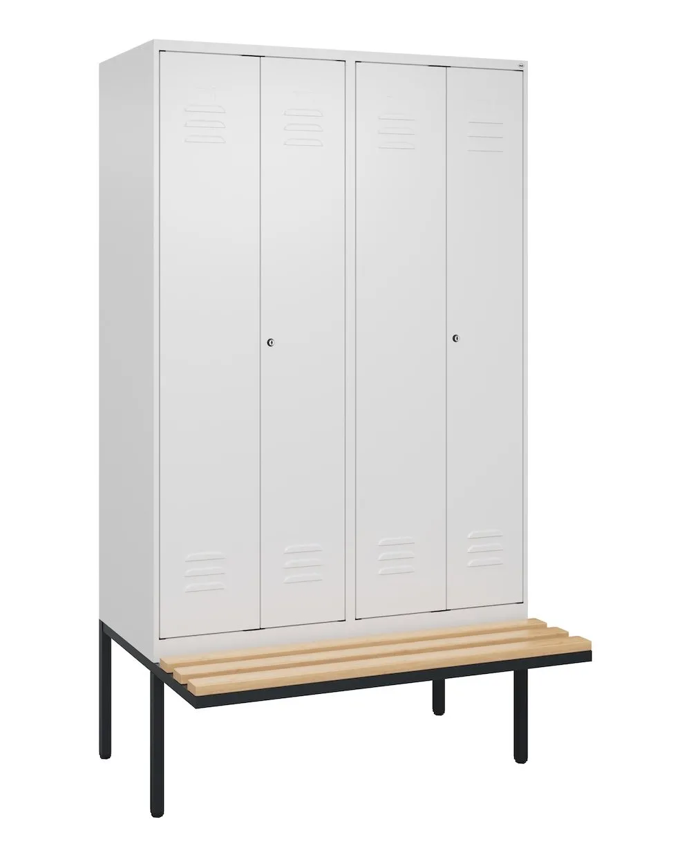 C+P Doppel-Spind Classic PLUS mit schwebender Sitzbank aus Buche-Hartholz | 4 Abteile mit Trennwand im oberen Fach | HxBxT 212x120x81,5cm | Zylinderschloss | Stahl | Verkehrsweiß/Verkehrsweiß