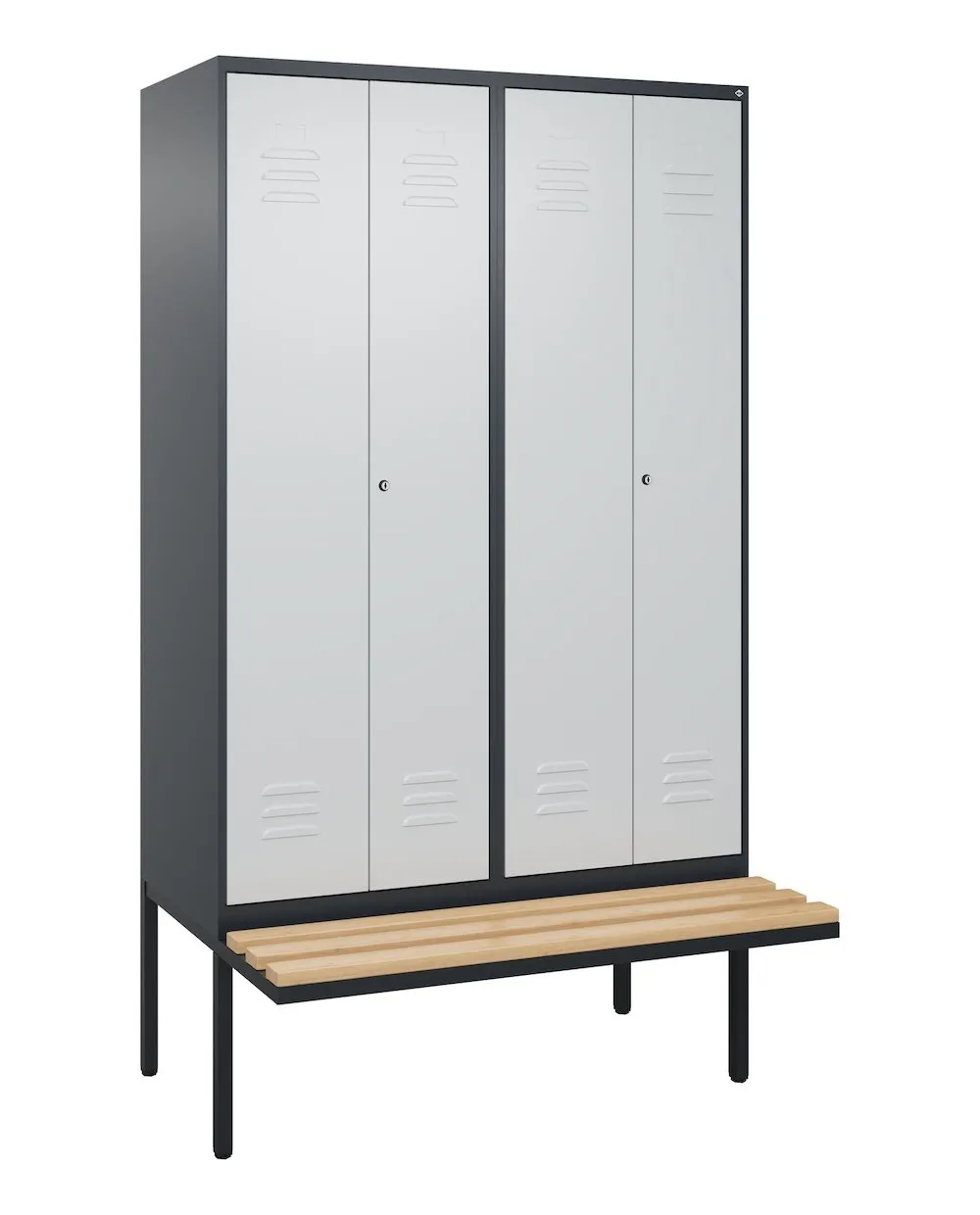 C+P Doppel-Spind Classic PLUS mit schwebender Sitzbank aus Buche-Hartholz | 4 Abteile mit Trennwand im oberen Fach | HxBxT 212x120x81,5cm | Zylinderschloss | Stahl | Anthrazitgrau/Lichtgrau