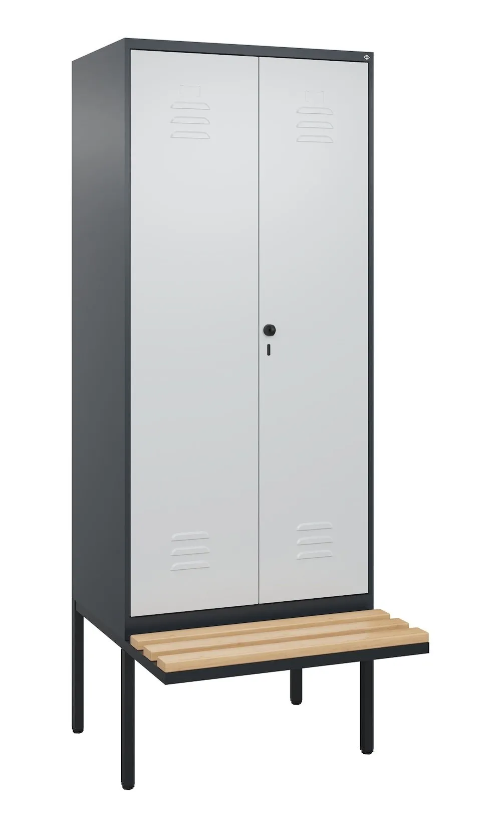 C+P Doppel-Spind Classic PLUS mit schwebender Sitzbank aus Buche-Hartholz | 2 Abteile mit Trennwand im oberen Fach | HxBxT 212x80x81,5cm | Sicherheits-Drehriegel | Stahl | Anthrazitgrau/Lichtgrau