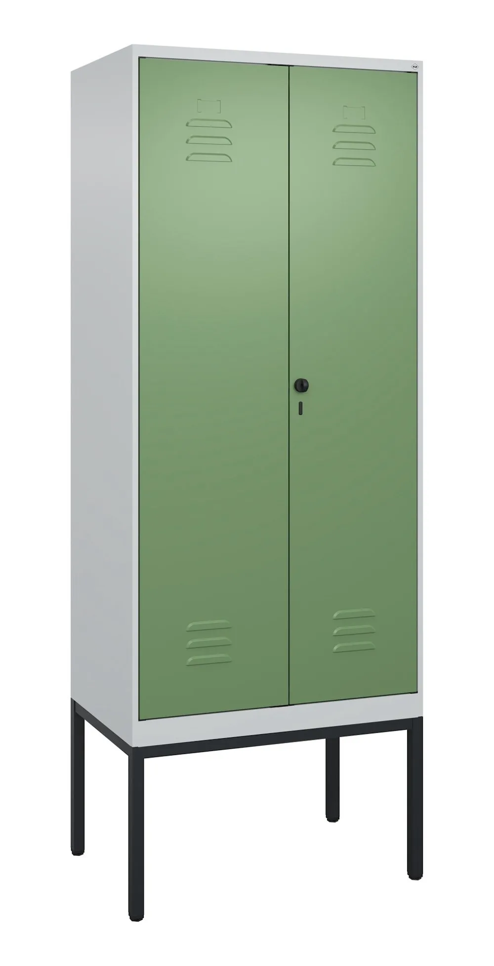 C+P Doppel-Spind Classic PLUS mit Gestell | 2 Abteile | HxBxT 212x80x50cm | Sicherheits-Drehriegel | Stahl | Lichtgrau/Resedagrün