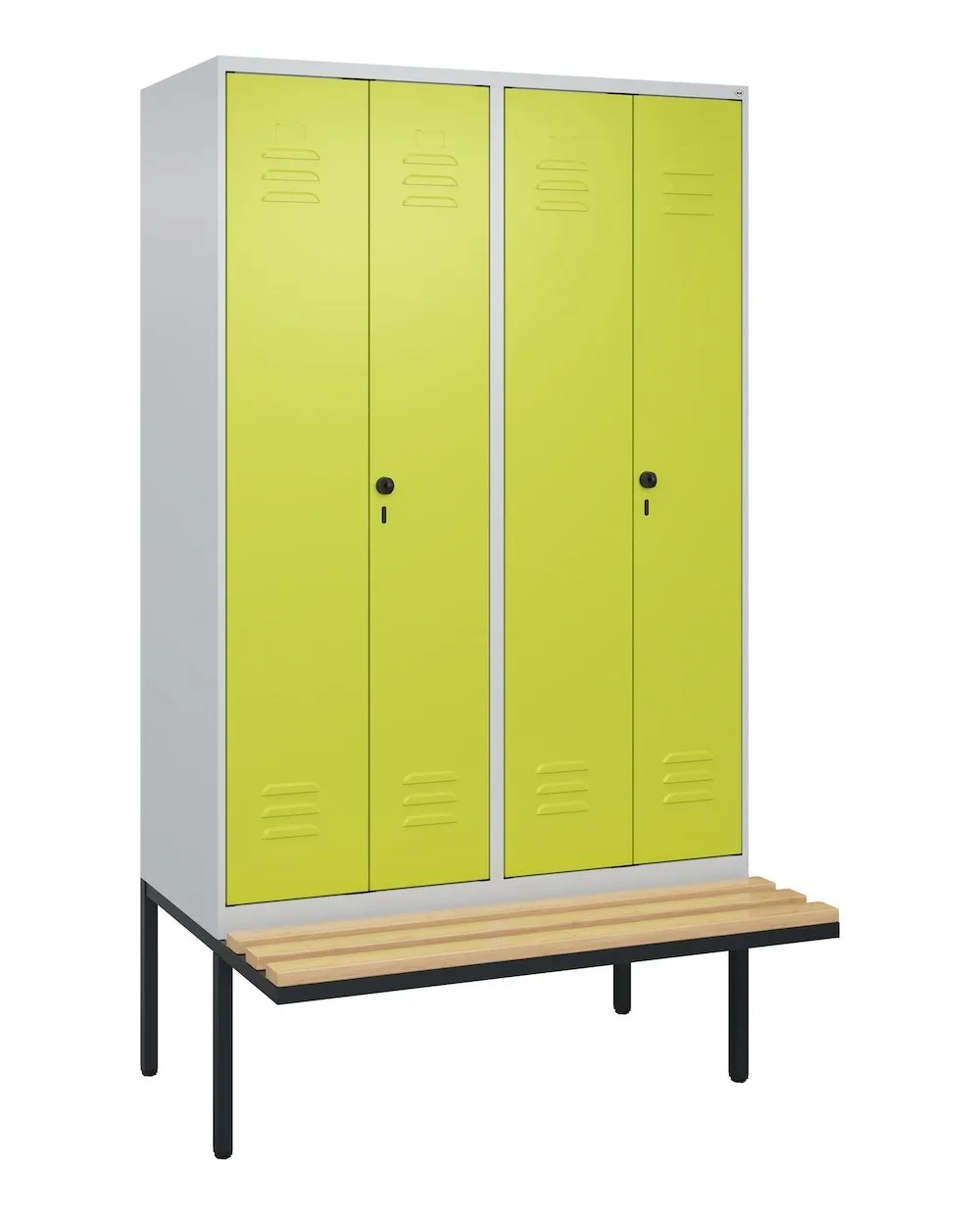 C+P Doppel-Spind Classic PLUS mit schwebender Sitzbank aus Buche-Hartholz | 4 Abteile | HxBxT 212x120x81,5cm | Sicherheits-Drehriegel | Stahl | Lichtgrau/Clowngrün