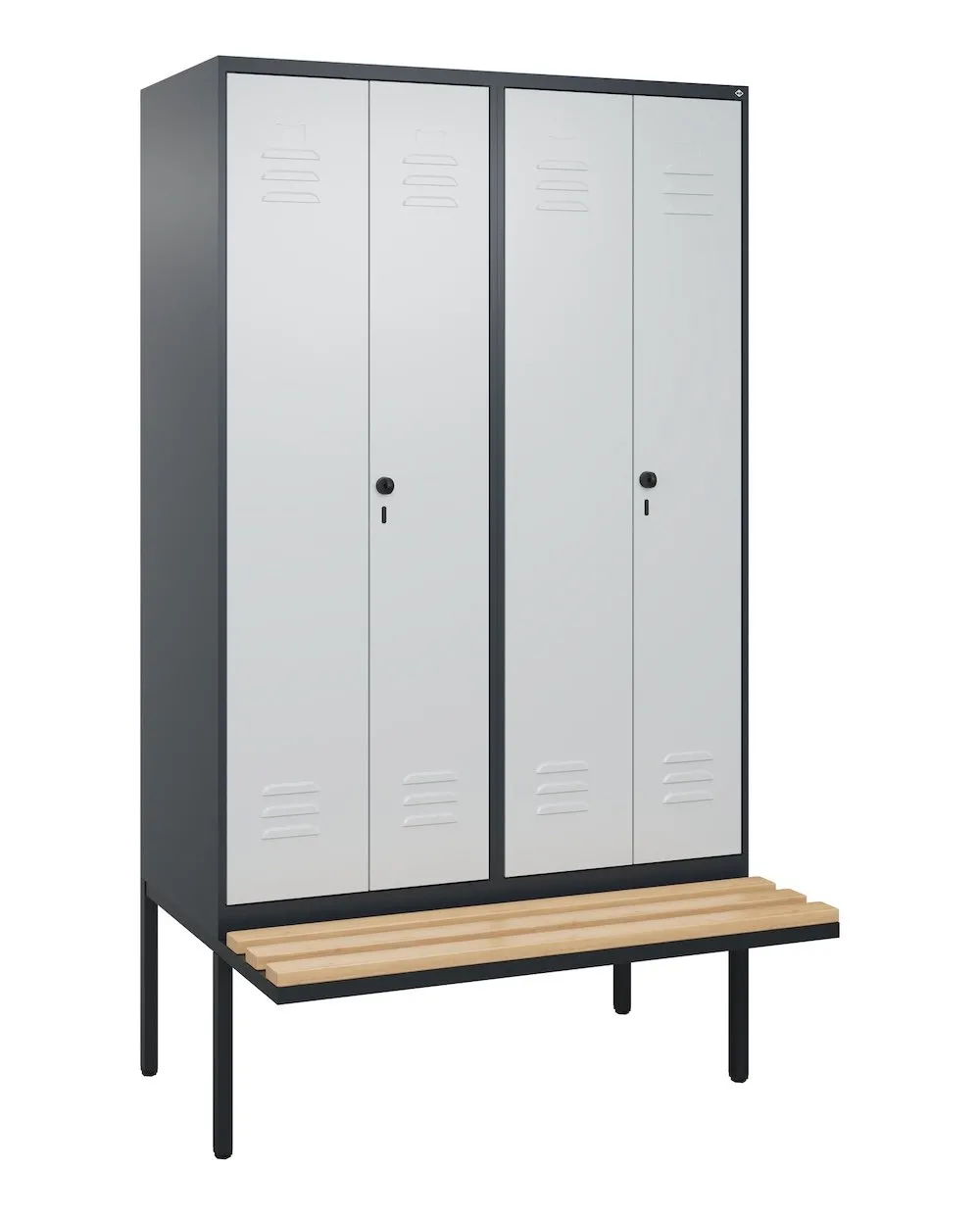 C+P Doppel-Spind Classic PLUS mit schwebender Sitzbank aus Buche-Hartholz | 4 Abteile mit Trennwand im oberen Fach | HxBxT 212x120x81,5cm | Sicherheits-Drehriegel | Stahl | Anthrazitgrau/Lichtgrau