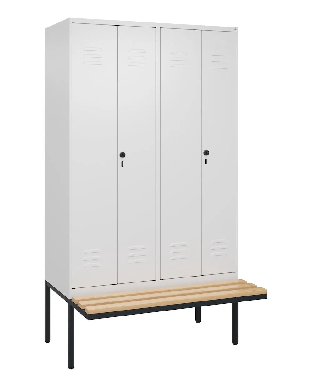 C+P Doppel-Spind Classic PLUS mit schwebender Sitzbank aus Buche-Hartholz | 4 Abteile | HxBxT 212x120x81,5cm | Sicherheits-Drehriegel | Stahl | Verkehrsweiß/Verkehrsweiß