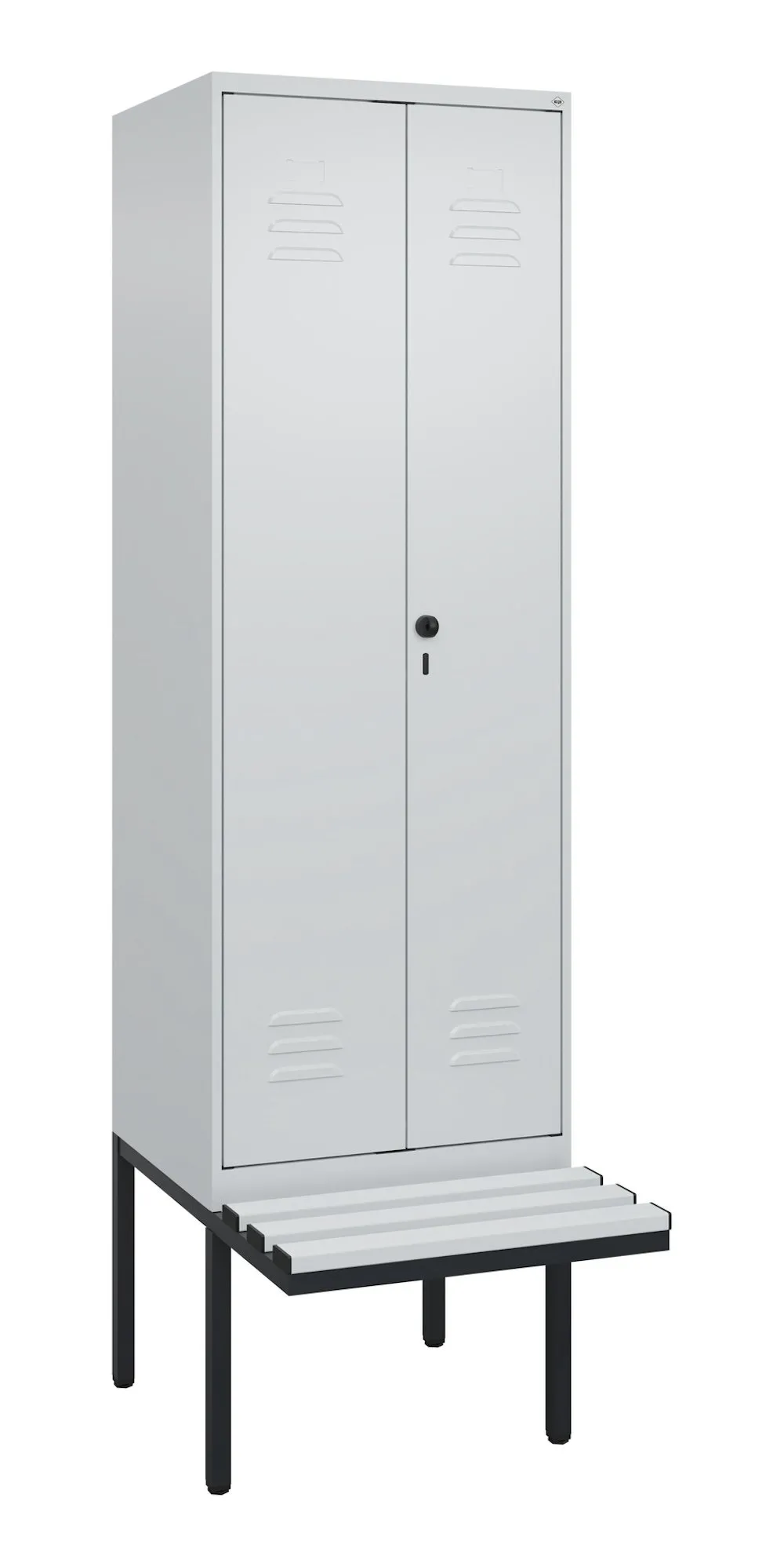 C+P Doppel-Spind Classic PLUS mit schwebender Sitzbank aus Kunststoff | 2 Abteile | HxBxT 212x60x81,5cm | Sicherheits-Drehriegel | Stahl | Lichtgrau/Lichtgrau