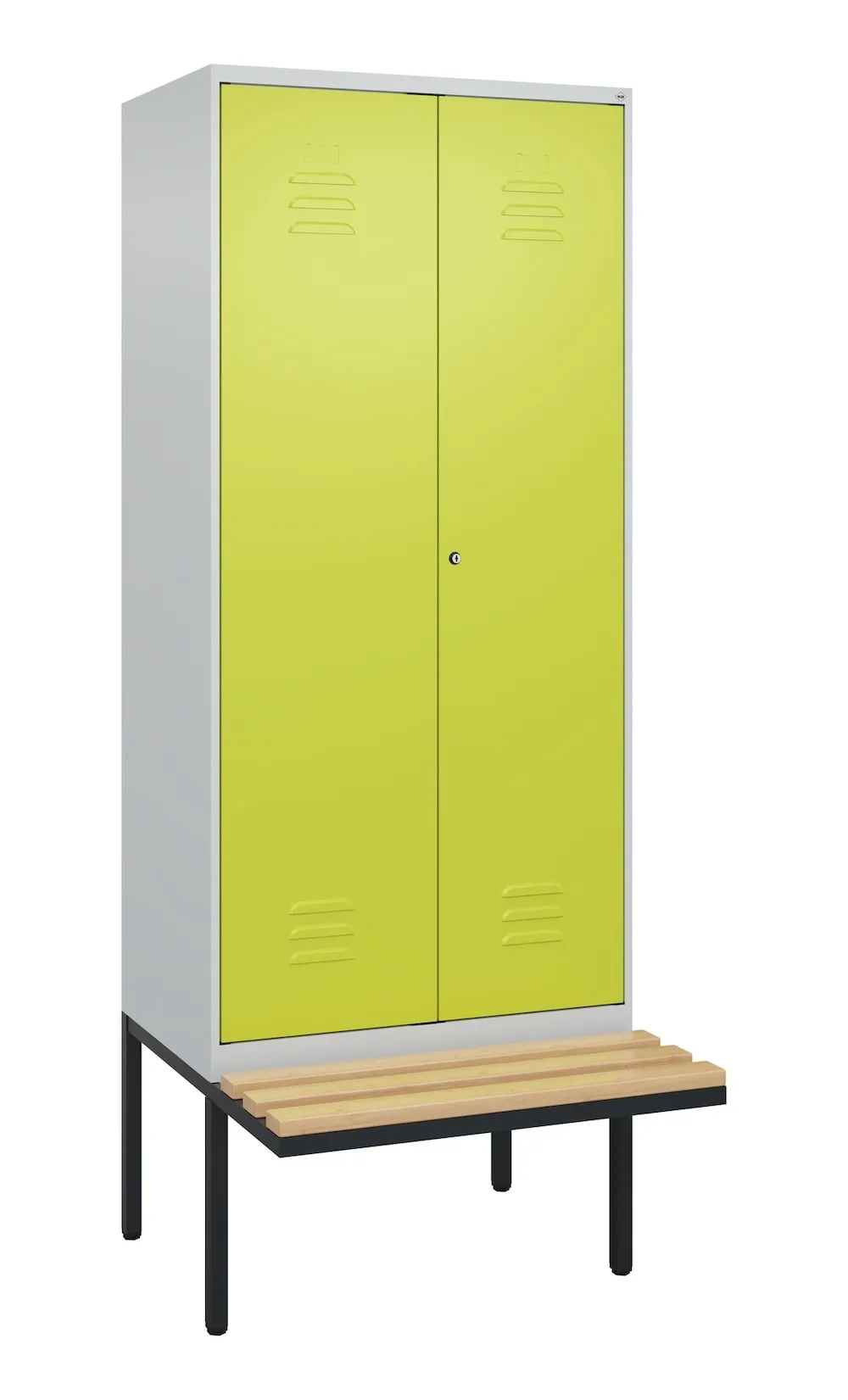 C+P Doppel-Spind Classic PLUS mit schwebender Sitzbank aus Buche-Hartholz | 2 Abteile | HxBxT 212x80x81,5cm | Zylinderschloss | Stahl | Lichtgrau/Clowngrün
