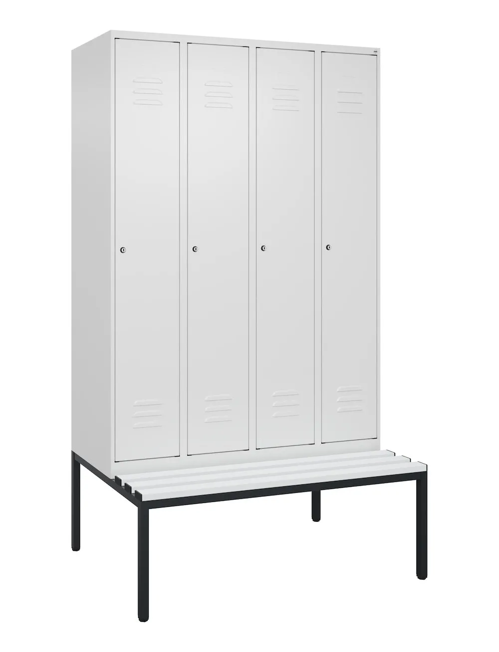 C+P Spind Classic PLUS mit untergebauter Sitzbank aus Kunststoff | 4 Abteile | HxBxT 212x120x81,5cm | Zylinderschloss | Stahl | Verkehrsweiß/Verkehrsweiß
