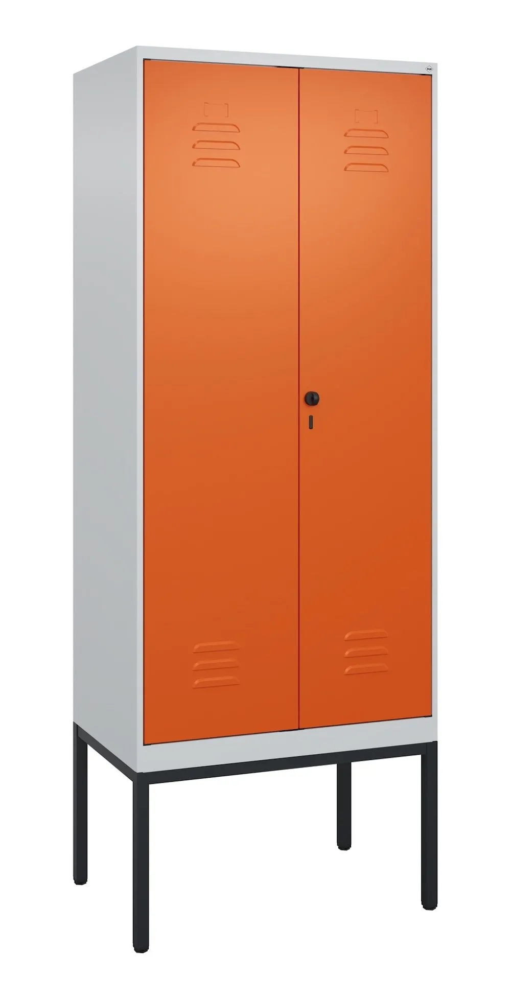 C+P Doppel-Spind Classic PLUS mit Gestell | 2 Abteile | HxBxT 212x80x50cm | Sicherheits-Drehriegel | Stahl | Lichtgrau/Reinorange