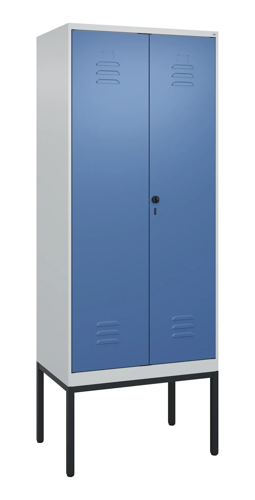 C+P Doppel-Spind Classic PLUS mit Gestell | 2 Abteile | HxBxT 212x80x50cm | Sicherheits-Drehriegel | Stahl | Lichtgrau/Fernblau