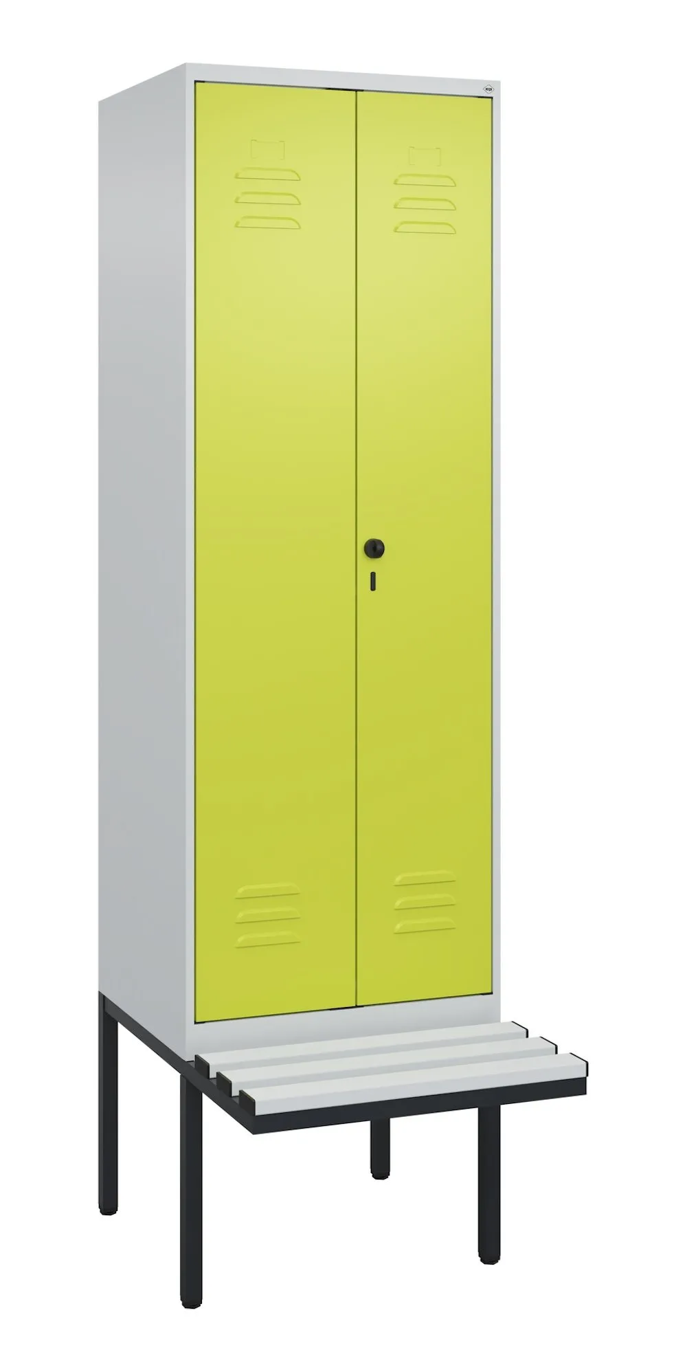 C+P Doppel-Spind Classic PLUS mit schwebender Sitzbank aus Kunststoff | 2 Abteile | HxBxT 212x60x81,5cm | Sicherheits-Drehriegel | Stahl | Lichtgrau/Clowngrün