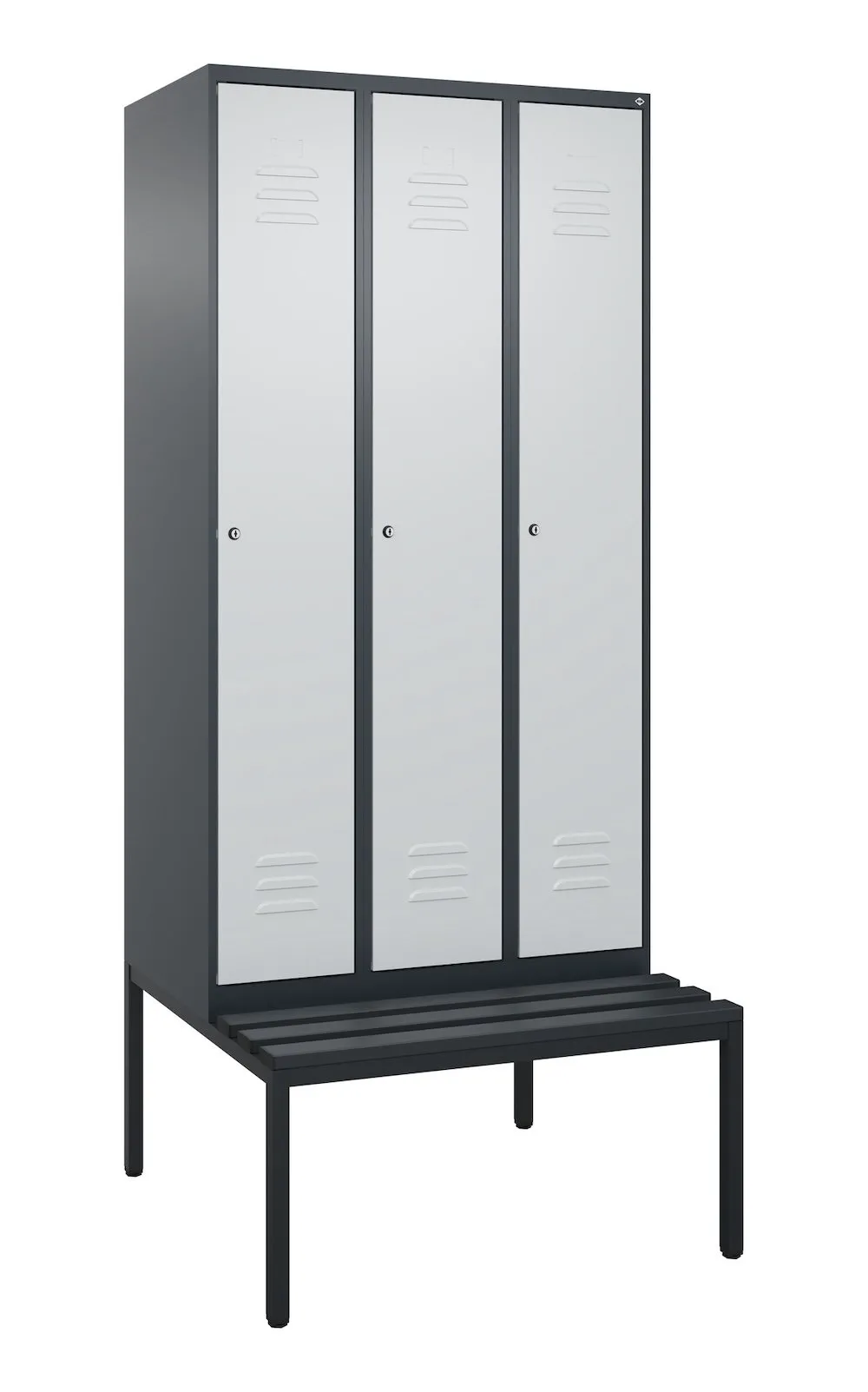 C+P Spind Classic PLUS mit untergebauter Sitzbank aus Kunststoff | 3 Abteile mit Mitteltrennwand  | HxBxT 212x90x81,5cm | Zylinderschloss | Stahl | Anthrazitgrau/Lichtgrau