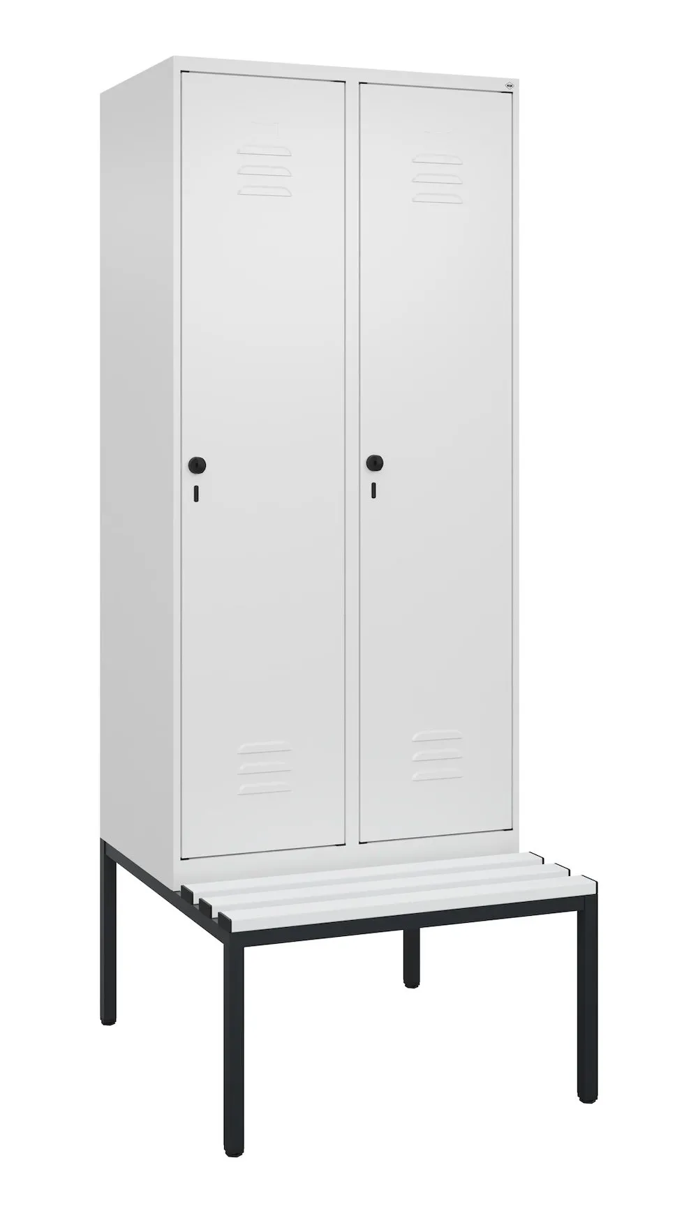 C+P Spind Classic PLUS mit untergebauter Sitzbank aus Kunststoff | 2 Abteile mit Mitteltrennwand  | HxBxT 212x80x81,5cm | Sicherheits-Drehriegel | Stahl | Verkehrsweiß/Verkehrsweiß