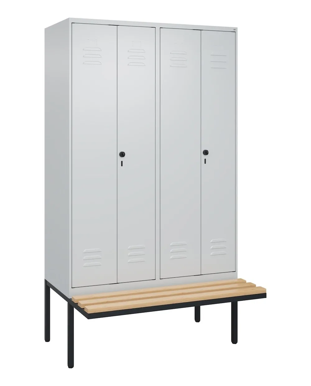 C+P Doppel-Spind Classic PLUS mit schwebender Sitzbank aus Buche-Hartholz | 4 Abteile | HxBxT 212x120x81,5cm | Sicherheits-Drehriegel | Stahl | Lichtgrau/Lichtgrau