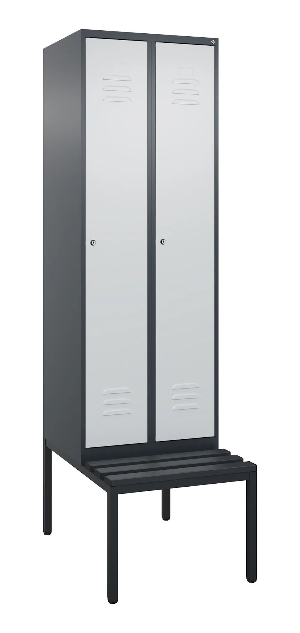 C+P Spind Classic PLUS mit untergebauter Sitzbank aus Kunststoff | 2 Abteile mit Mitteltrennwand  | HxBxT 212x60x81,5cm | Zylinderschloss | Stahl | Anthrazitgrau/Lichtgrau