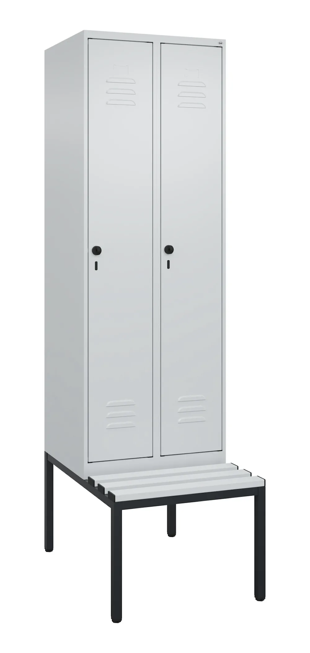 C+P Spind Classic PLUS mit untergebauter Sitzbank aus Kunststoff | 2 Abteile mit Mitteltrennwand  | HxBxT 212x60x81,5cm | Sicherheits-Drehriegel | Stahl | Lichtgrau/Lichtgrau