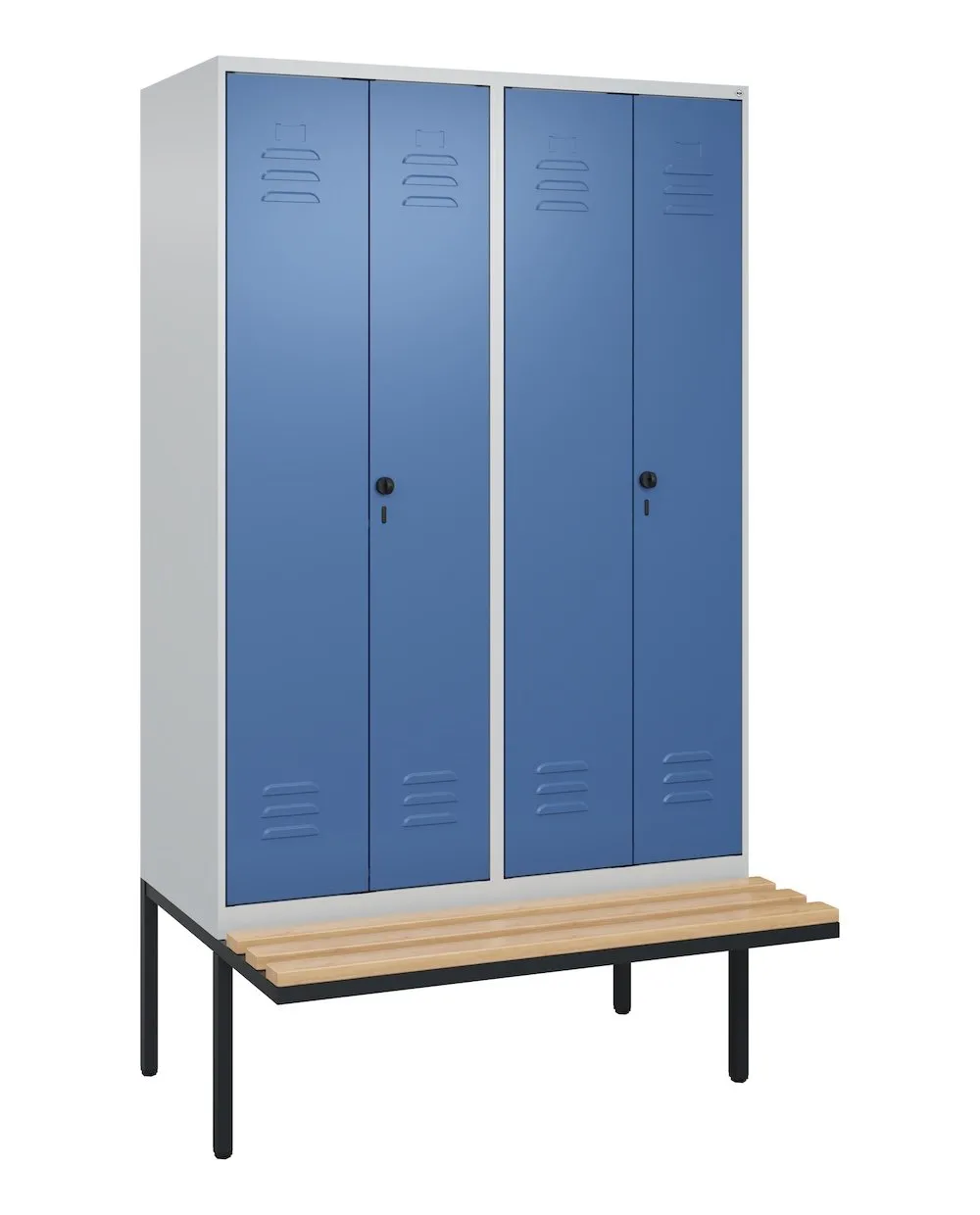 C+P Doppel-Spind Classic PLUS mit schwebender Sitzbank aus Buche-Hartholz | 4 Abteile | HxBxT 212x120x81,5cm | Sicherheits-Drehriegel | Stahl | Lichtgrau/Fernblau