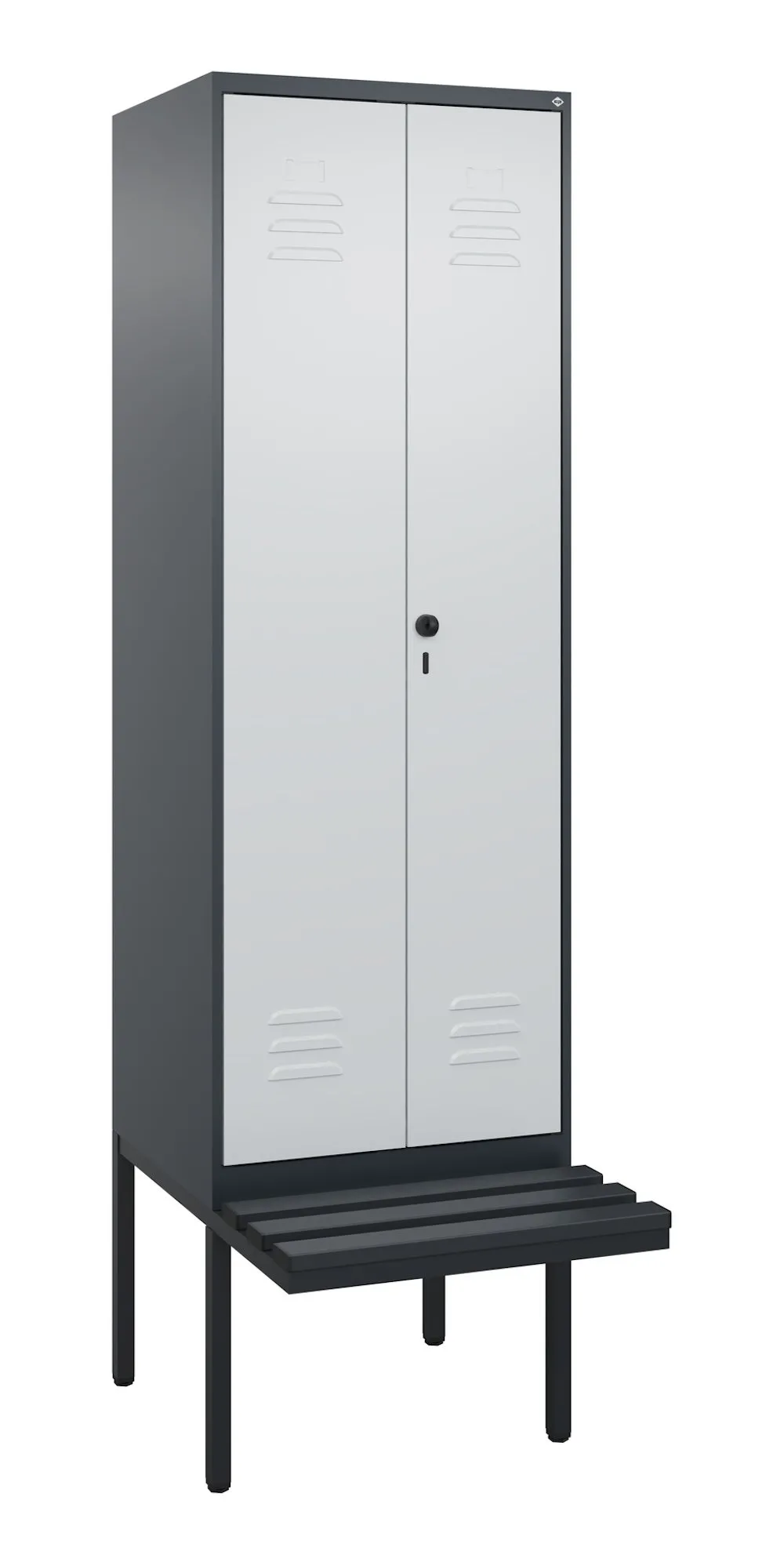 C+P Doppel-Spind Classic PLUS mit schwebender Sitzbank aus Kunststoff | 2 Abteile | HxBxT 212x60x81,5cm | Sicherheits-Drehriegel | Stahl | Anthrazitgrau/Lichtgrau