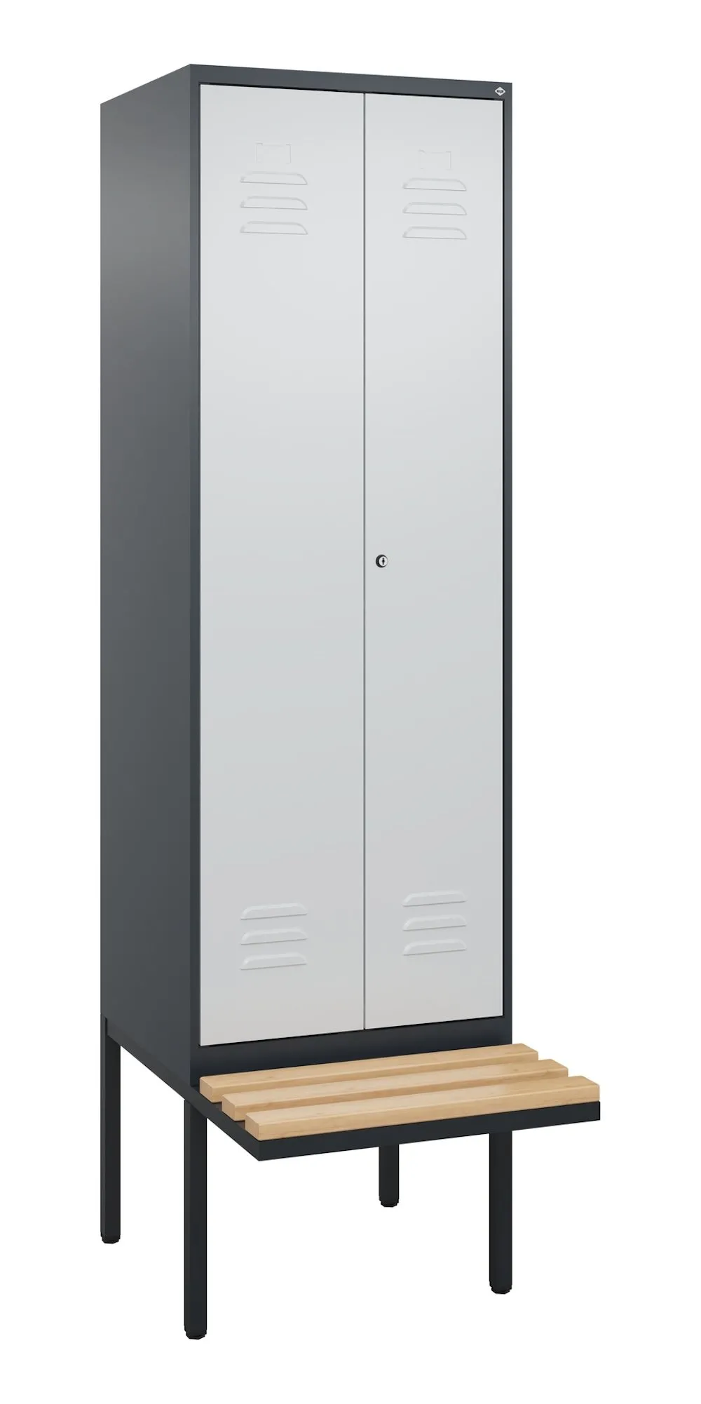 C+P Doppel-Spind Classic PLUS mit schwebender Sitzbank aus Buche-Hartholz | 2 Abteile mit Trennwand im oberen Fach | HxBxT 212x60x81,5cm | Zylinderschloss | Stahl | Anthrazitgrau/Lichtgrau