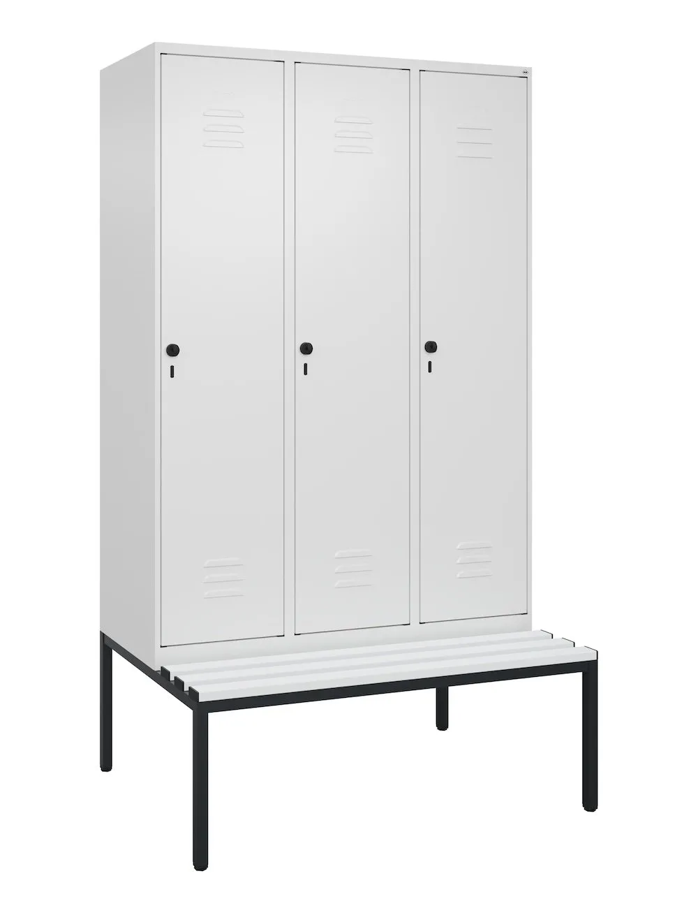 C+P Spind Classic PLUS mit untergebauter Sitzbank aus Kunststoff | 3 Abteile mit Mitteltrennwand  | HxBxT 212x120x81,5cm | Sicherheits-Drehriegel | Stahl | Verkehrsweiß/Verkehrsweiß
