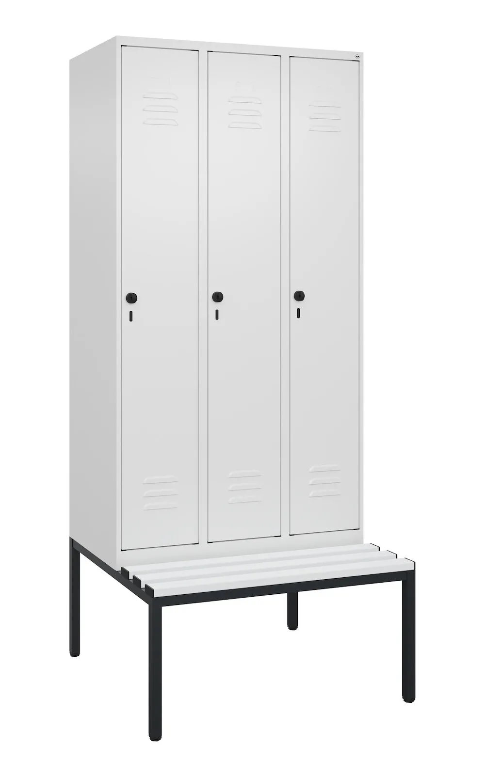 C+P Spind Classic PLUS mit untergebauter Sitzbank aus Kunststoff | 3 Abteile mit Mitteltrennwand  | HxBxT 212x90x81,5cm | Sicherheits-Drehriegel | Stahl | Verkehrsweiß/Verkehrsweiß