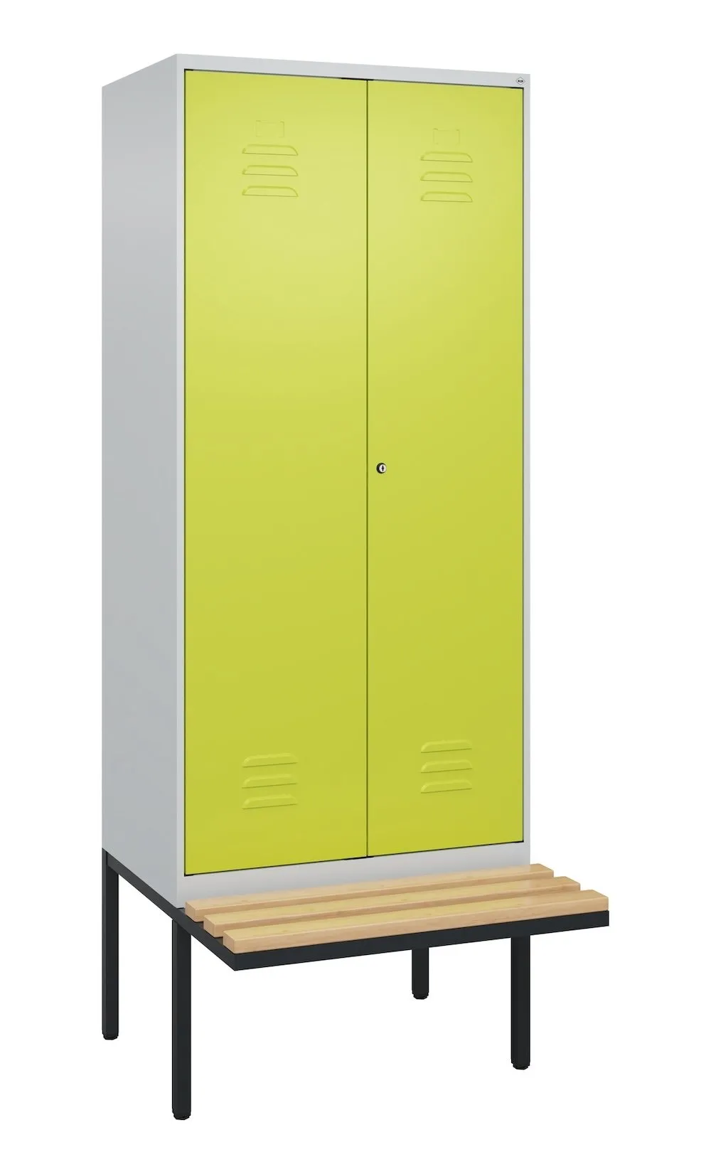 C+P Doppel-Spind Classic PLUS mit schwebender Sitzbank aus Buche-Hartholz | 2 Abteile mit Trennwand im oberen Fach | HxBxT 212x80x81,5cm | Zylinderschloss | Stahl | Lichtgrau/Clowngrün
