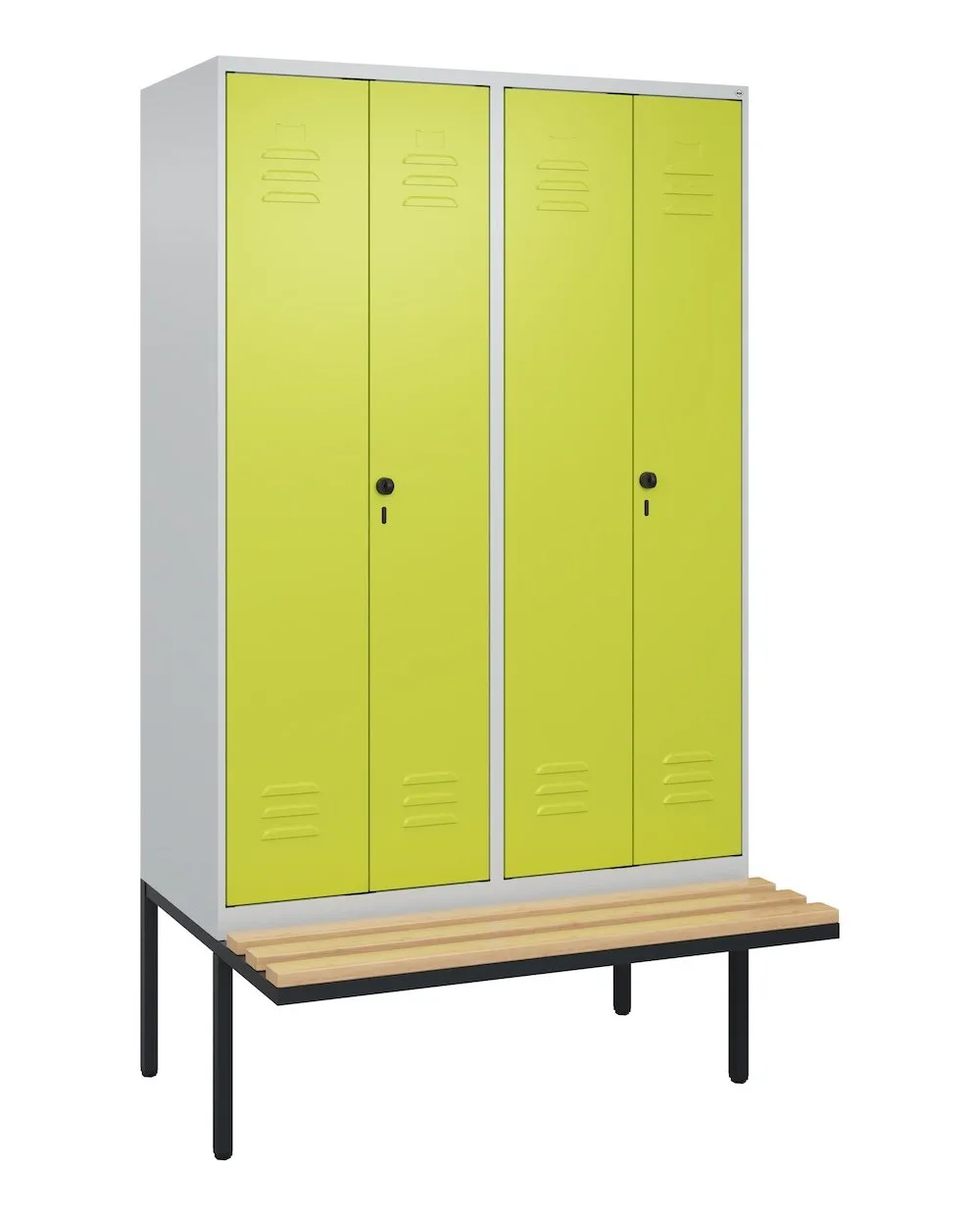 C+P Doppel-Spind Classic PLUS mit schwebender Sitzbank aus Buche-Hartholz | 4 Abteile mit Trennwand im oberen Fach | HxBxT 212x120x81,5cm | Sicherheits-Drehriegel | Stahl | Lichtgrau/Clowngrün