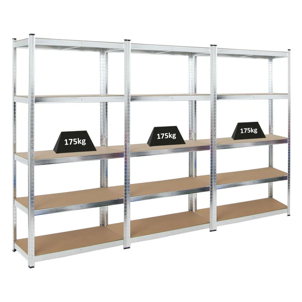 Mega Deal | 3x Schwerlastregal Ragnar | HxBxT 180x90x40cm | 5 MDF-Platten-Ebenen | Fachlast 175kg | Verzinkt