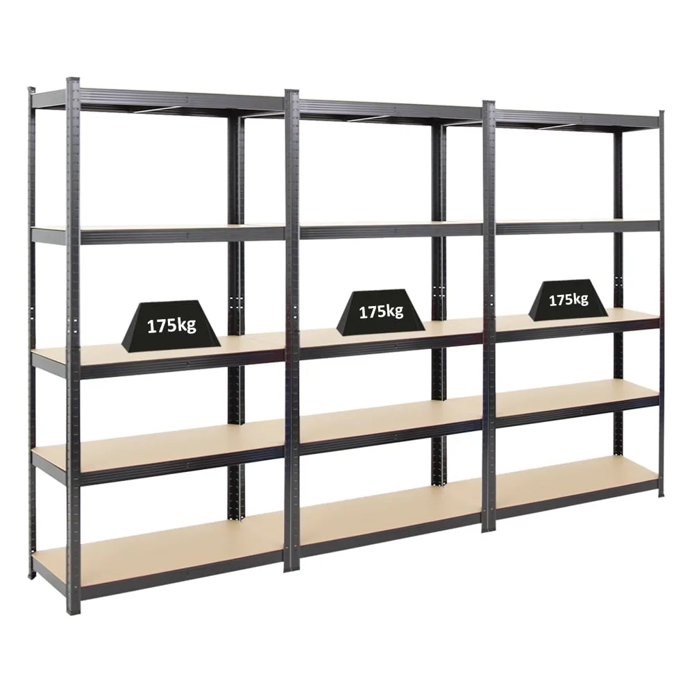 Mega Deal | 3x Schwerlastregal Ragnar | HxBxT 180x90x40cm | 5 MDF-Platten-Ebenen | Fachlast 175kg | Schwarz