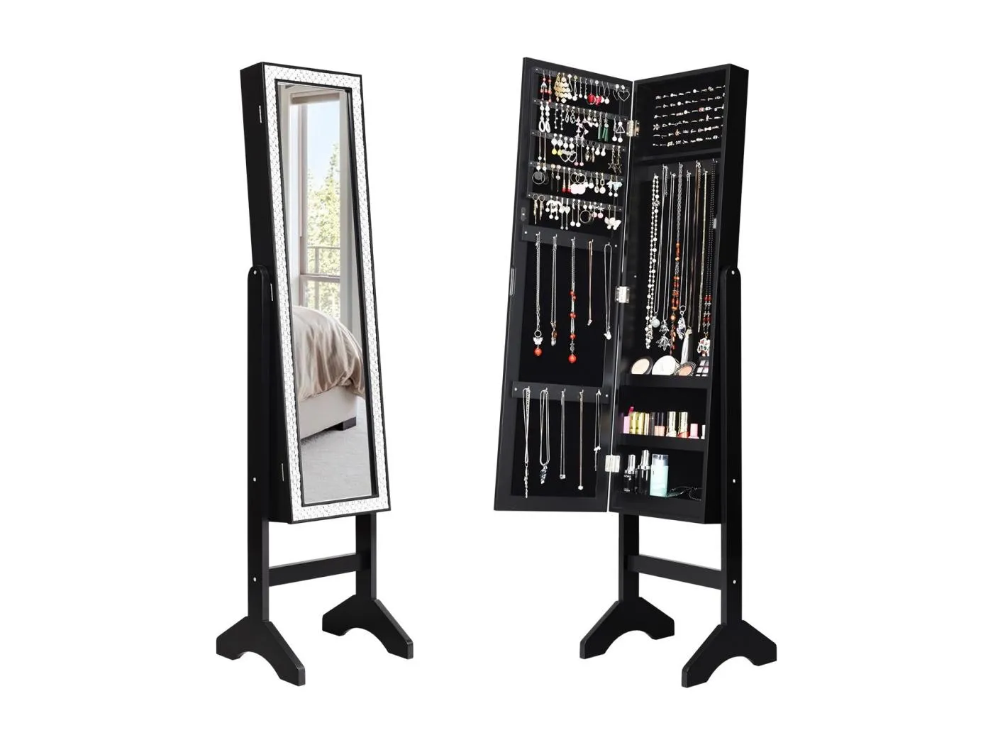 Freistehender Schmuckschrank mit Ganzkörperspiegel Schmuckregal  35,5 × 33 × 153 cm Schwarz