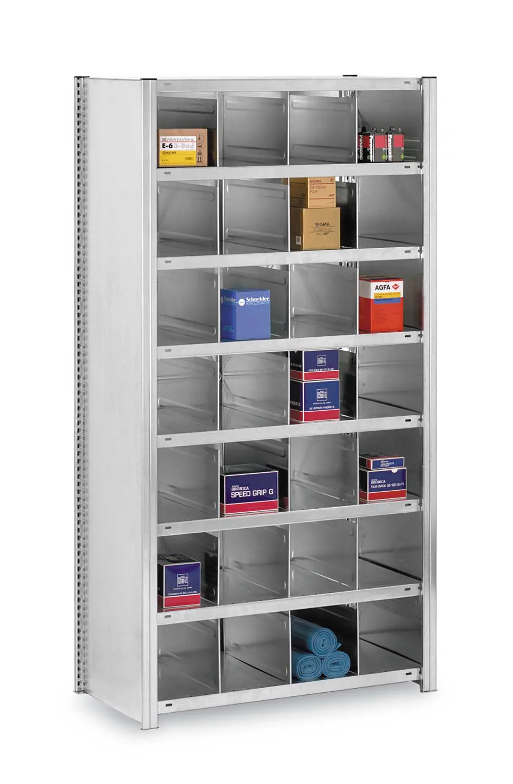 Kleinteileregale Stecksystem T-Profil | Anbauregal | HxBxT 200x100x50cm | 7 Ebenen | mit 28 Fächern | Fachlast 200kg | Verzinkt