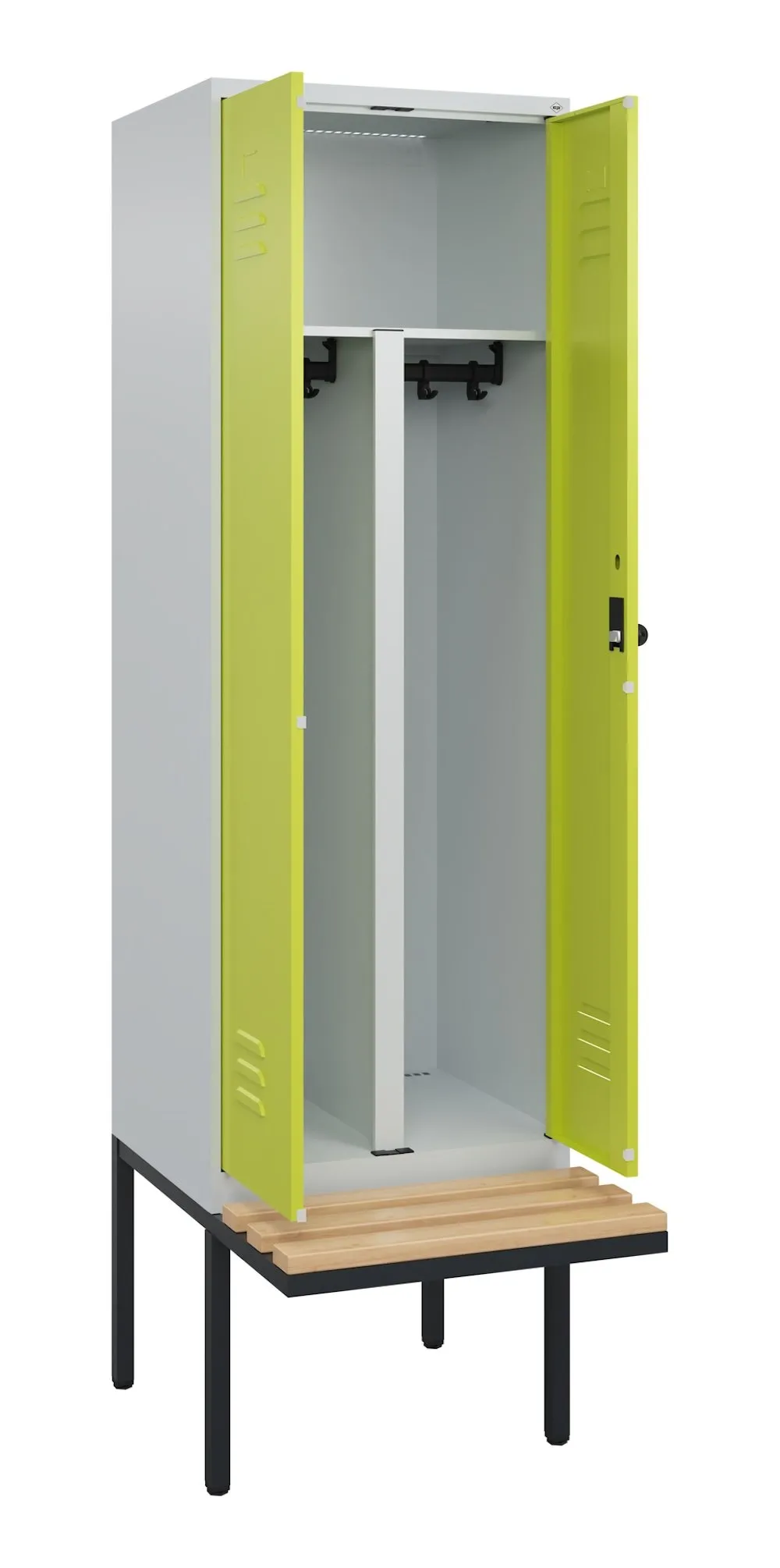 C+P Doppel-Spind Classic PLUS mit schwebender Sitzbank aus Buche-Hartholz | 2 Abteile | HxBxT 212x60x81,5cm | Sicherheits-Drehriegel | Stahl | Lichtgrau/Clowngrün